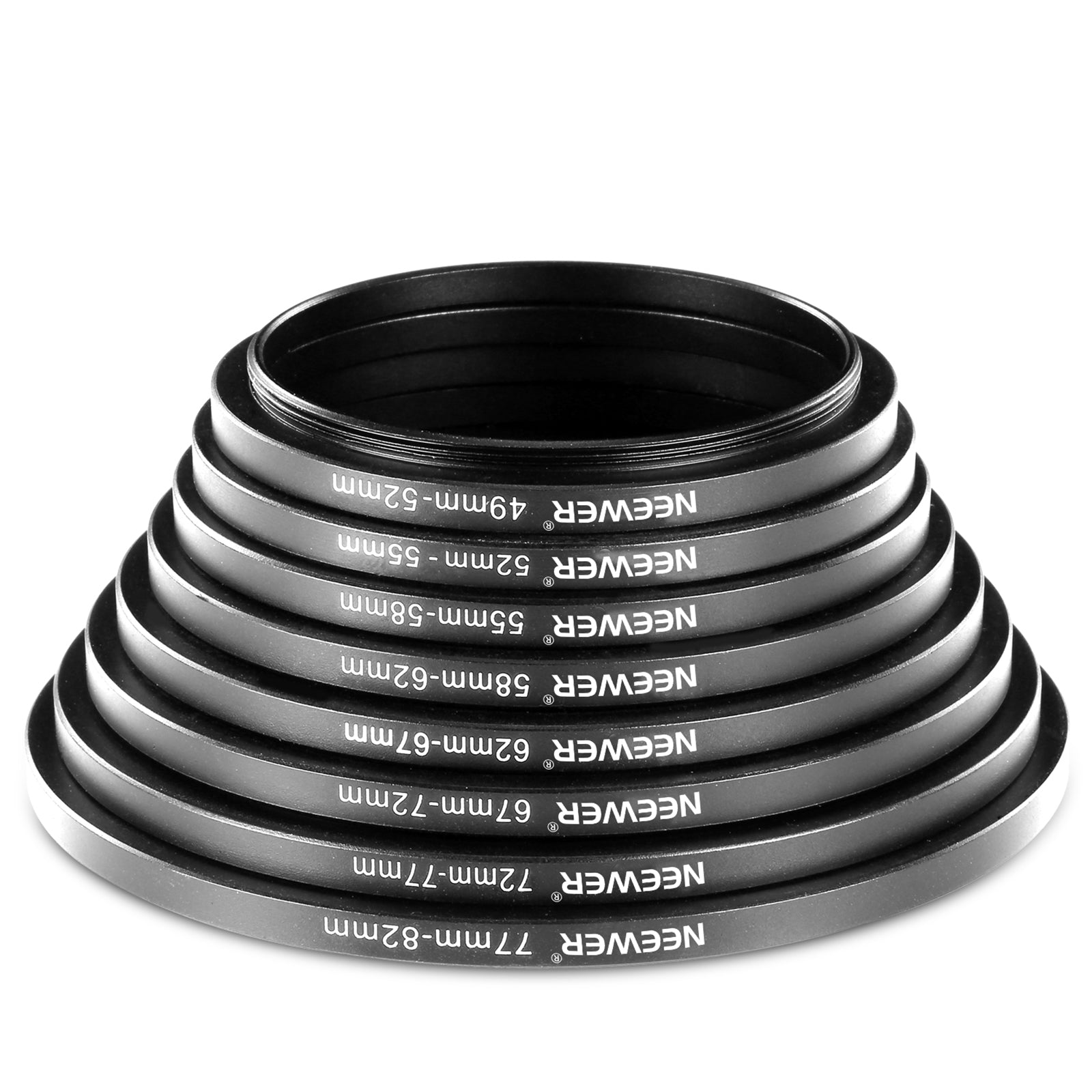 NEEWER 8-Piece Anodized Aluminum Step-Up Adapter Ring Set for Camera Lens - Compatible with Canon, Nikon, Sony DSLR & Mirrorless Cameras - Perfect for Photography, Videography & Macro Shooting