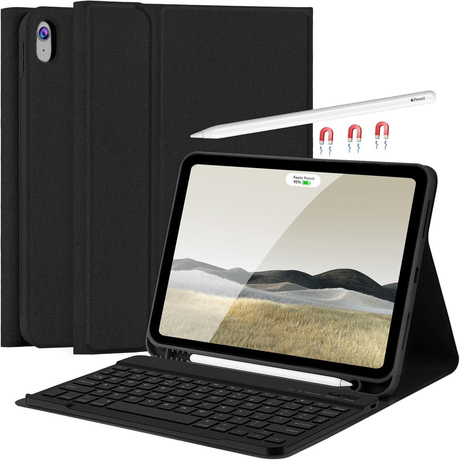 FUWANG Bluetooth Keyboard Case for iPad Air 11 Inch (M3/M2) 2025/2024 & iPad Air 5th/4th Gen 10.9 Inch - Detachable Folio Cover with Apple Pencil Holder | Perfect for Work, Study & Travel - Black