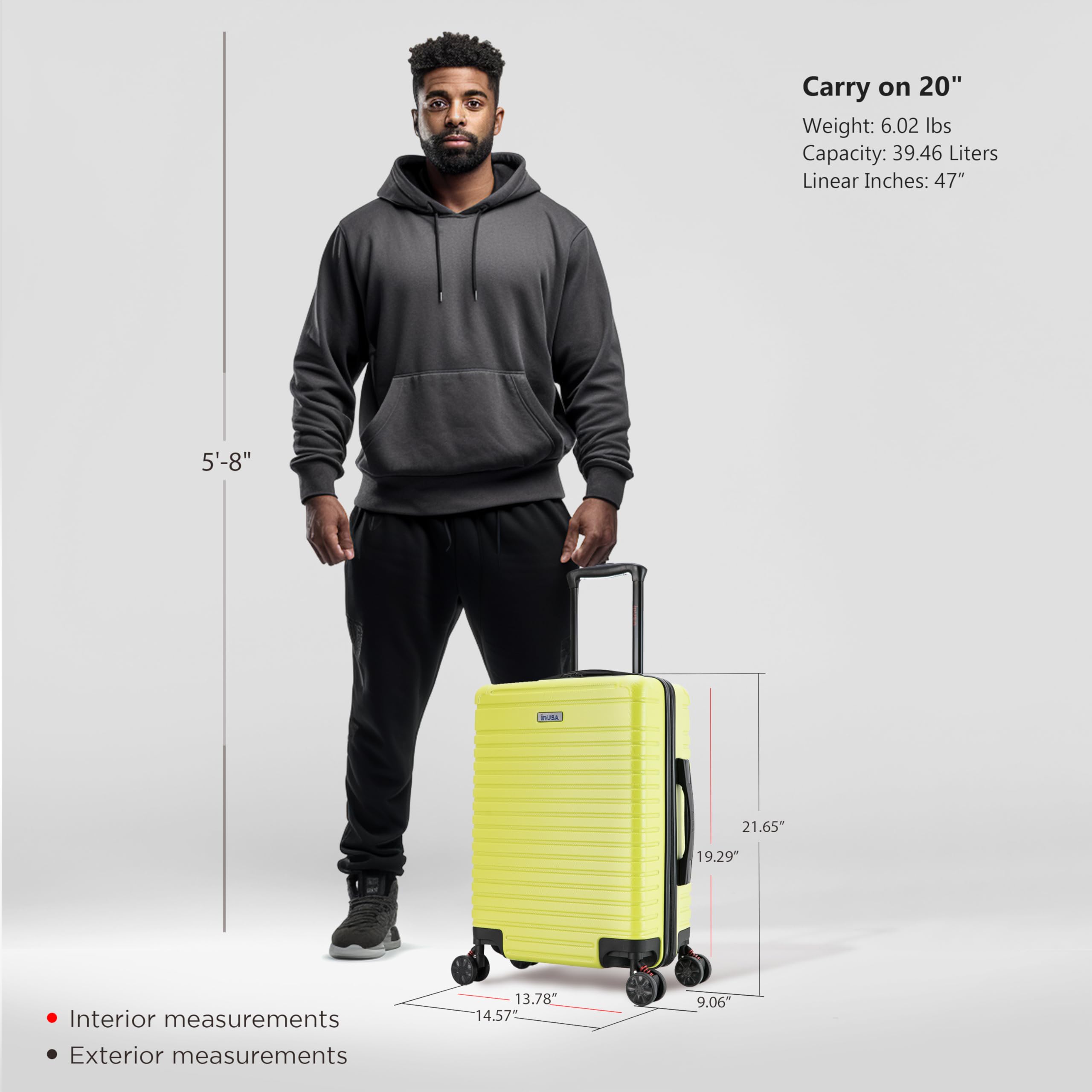 InUSA DEEP 20 Inch Carry On Hardside Luggage with GEL Handle - Spinner Wheels & Studs | Lightweight Travel Suitcase for Business Trips & Vacations | Perfect for Airplane Cabin & Weekend Getaways