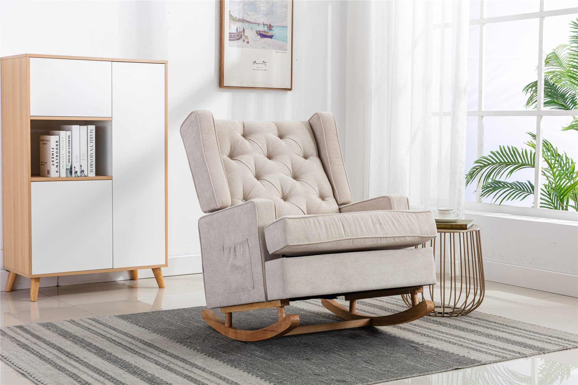 Comfortable Upholstered Rocking Chair with Side Pocket - Modern Wingback Accent Chair with Padded Seat for Nursery, Living Room & Bedroom - Beige Home Decor - Perfect for Relaxing, Nursing & Reading