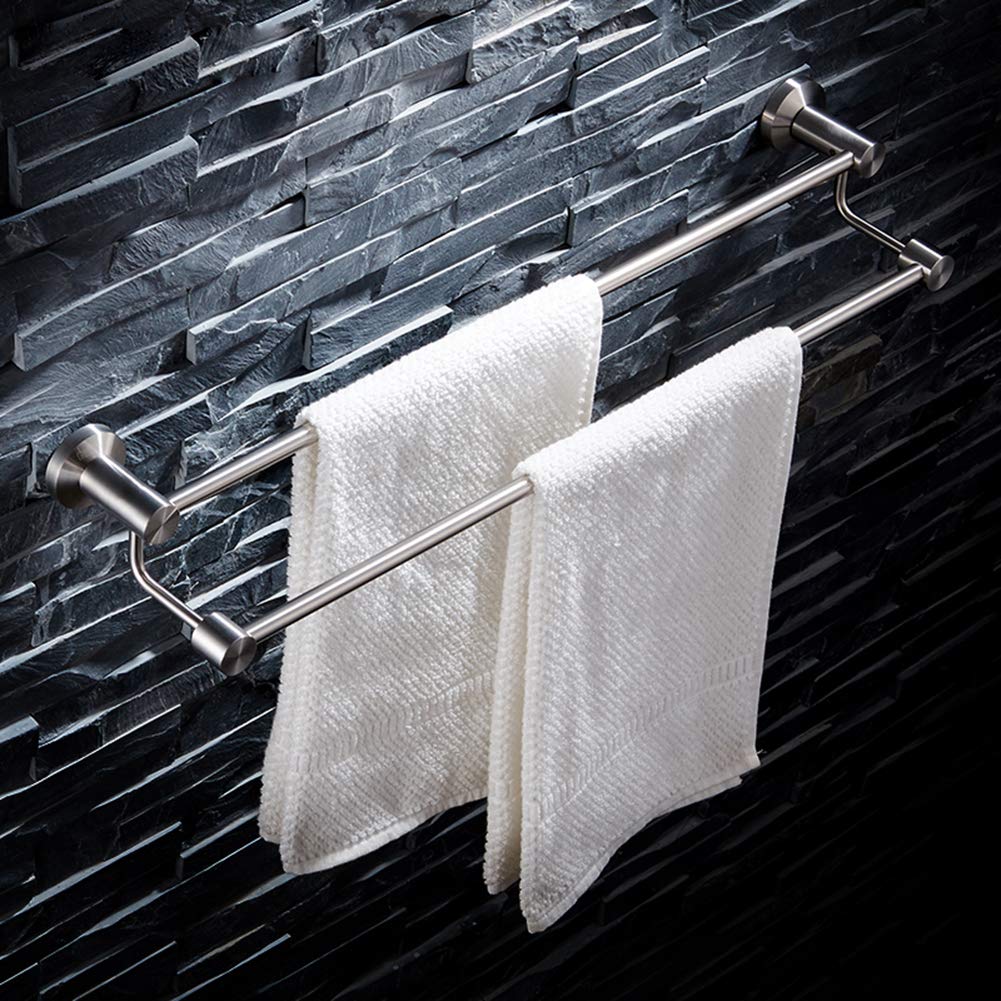 Stainless Steel Wall Mount Towel Rack - Double Towel Bar with Screws & Self Adhesive Mounting - Waterproof Bathroom Organizer for Kitchen, Bathroom, Laundry Room