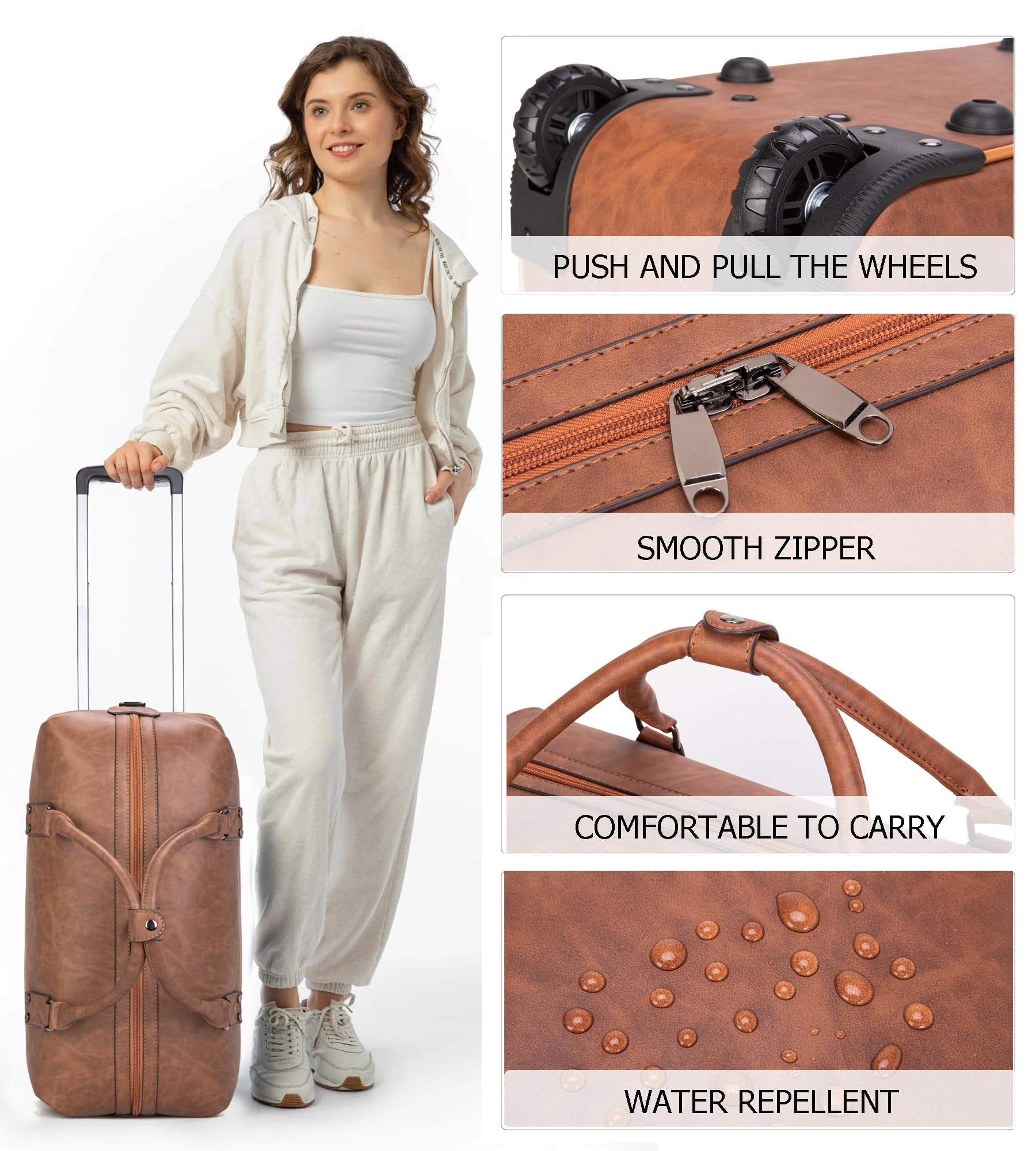 Premium Leather Travel Duffel Bag with Wheels - Waterproof Unisex Weekender & Toiletry Carry-On Suitcase for Overnight Trips (Brown) | Business Travel, Gym Bag, Weekend Getaways & Airplane Luggage