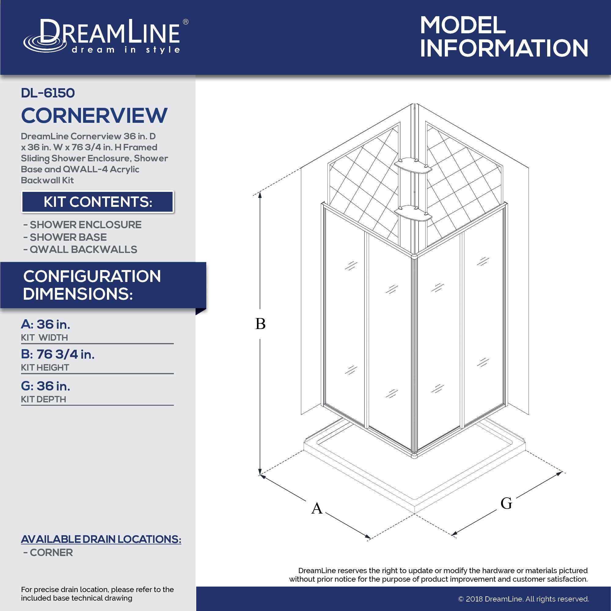 DreamLine Cornerview 36x36x76.75 Inch Framed Sliding Shower Enclosure with Acrylic Backwall Kit - Perfect for Small Bathroom Spaces & Modern Home Renovations