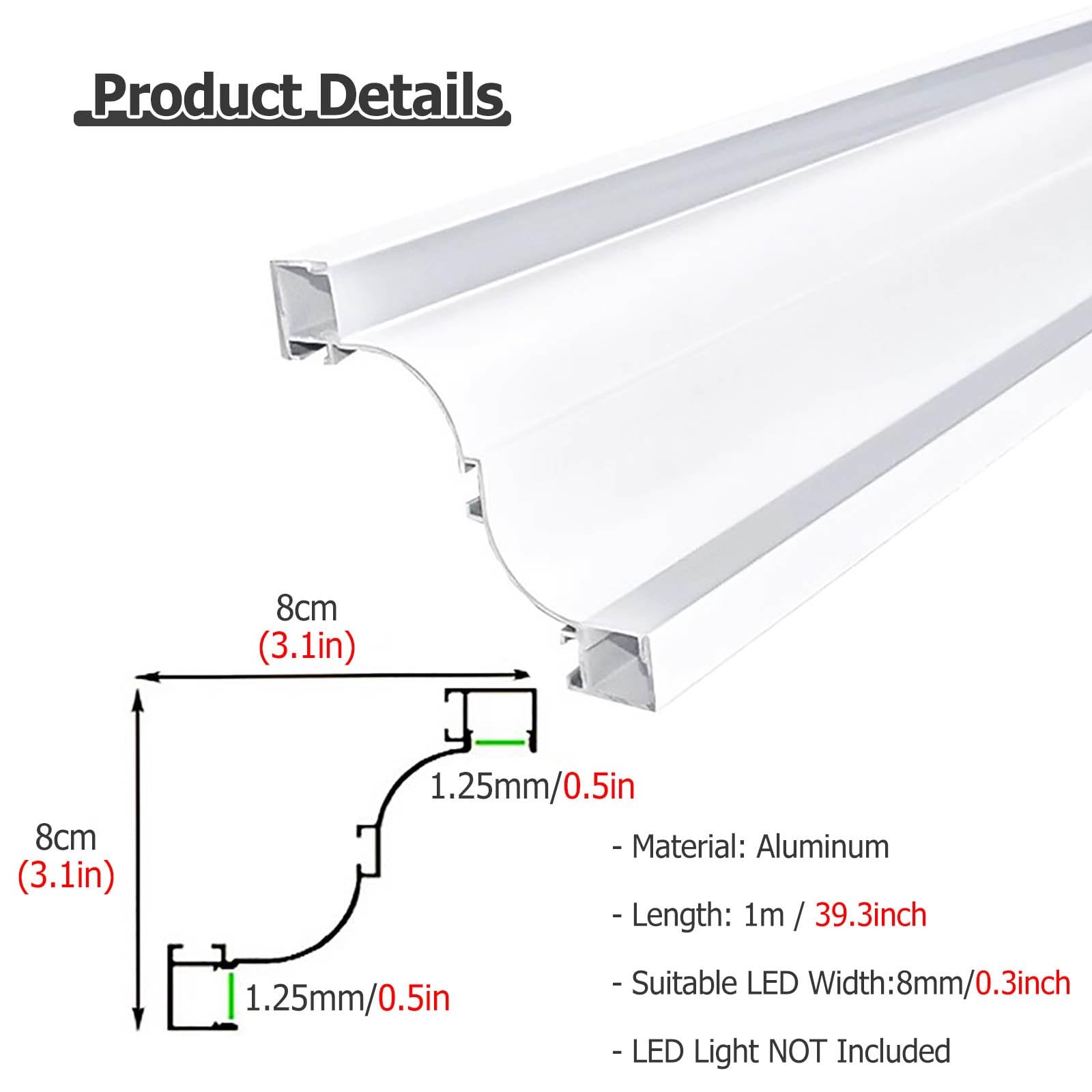 Aluminum LED Channel for Strip Lights - 13.1FT/400CM White Surface-Mounted Crown Molding Trim - Customizable Indirect Lighting Solution for Home, Hallway & Staircase Decoration
