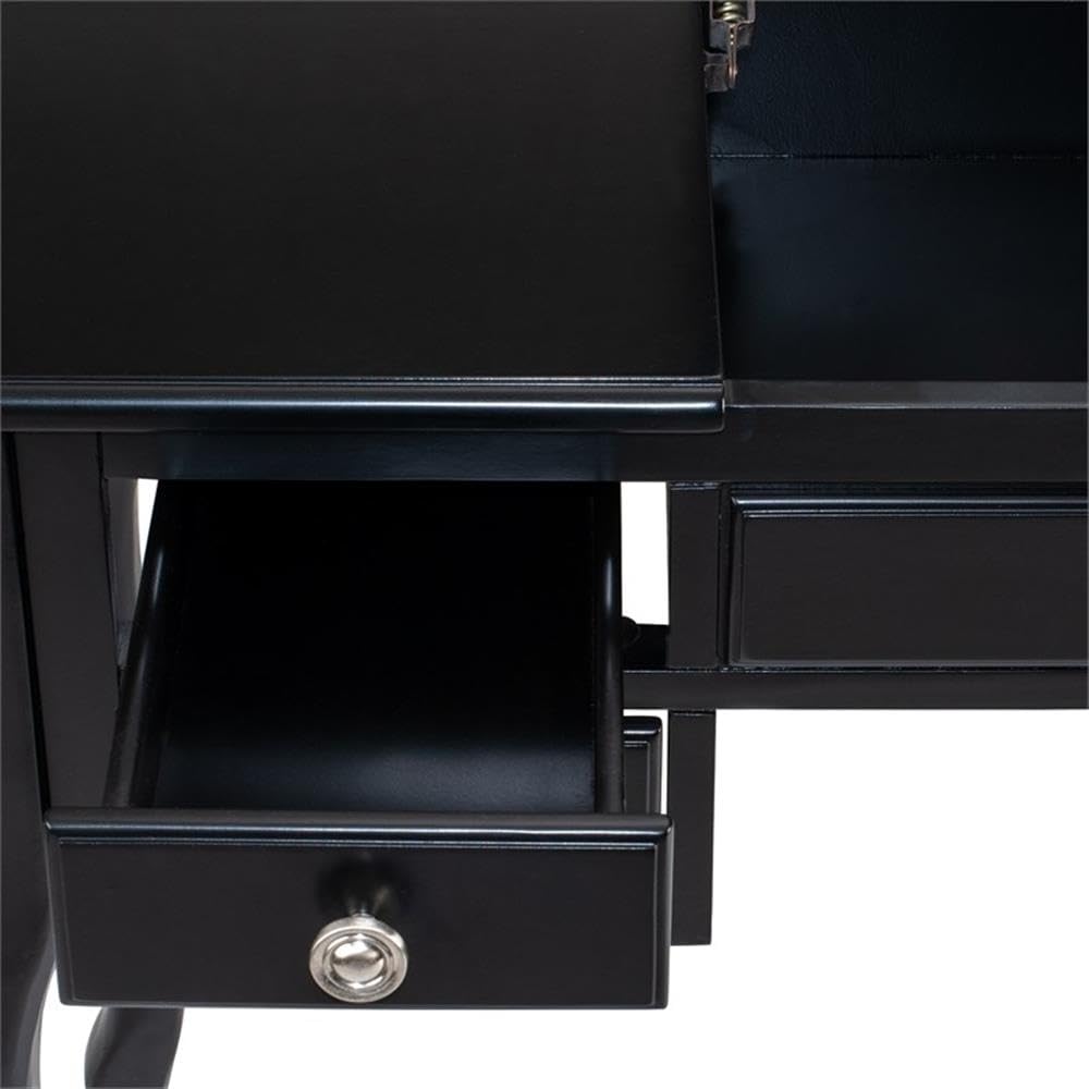 BOWERY HILL Black Wooden Vanity Set with Stool and Mirror - Elegant Dressing Table for Bedroom, Bathroom & Makeup Area - Perfect for Home Decor & Vanity Organization