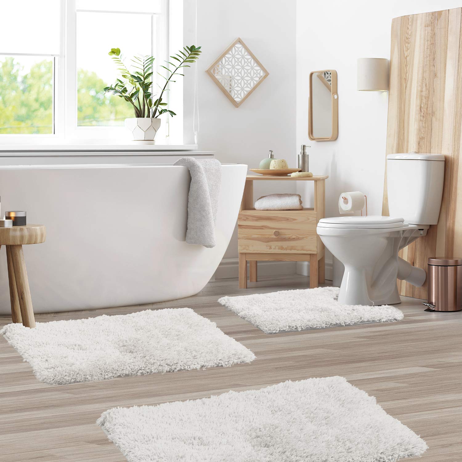 Clara Clark 3-Piece Shaggy Plush Bathroom Rug Set - Ultra Soft Non-Slip Bath Mat, Machine Washable & Quick Dry - Perfect for Bathroom, Shower & Vanity Areas - White