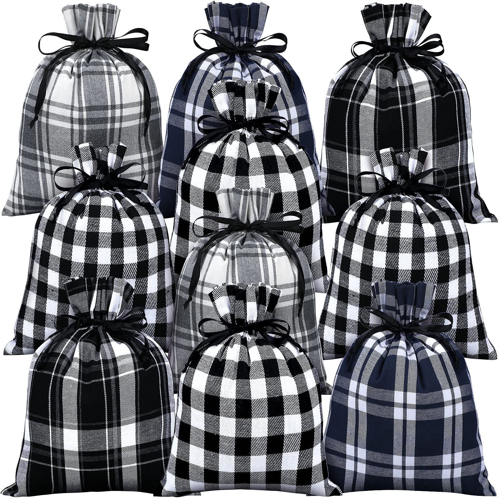 10-Piece Christmas Buffalo Plaid Drawstring Gift Bags - 9x12 Inch Santa Sack for Party Favors, Candies & Holiday Wrapping (Black & White Plaid) - Perfect for Xmas Gifts, Stocking Stuffers & Holiday Party Decorations