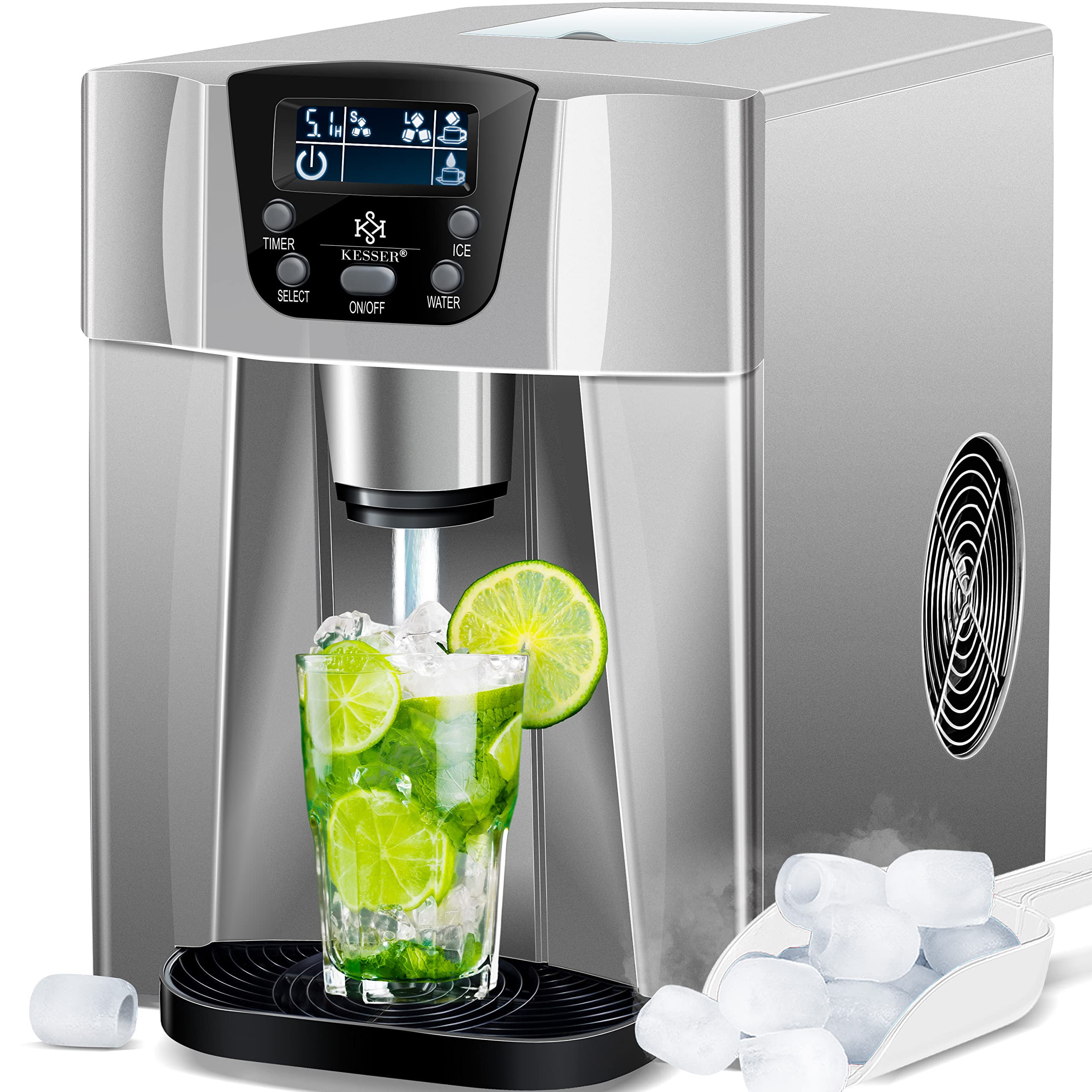 KESSER® Stainless Steel Ice Maker Machine - 100W, 12kg/24h, 2 Ice Cube Sizes, 6-Minute Fast Freeze, 2L Water Tank - Perfect for Home, Office, Parties & Outdoor Use