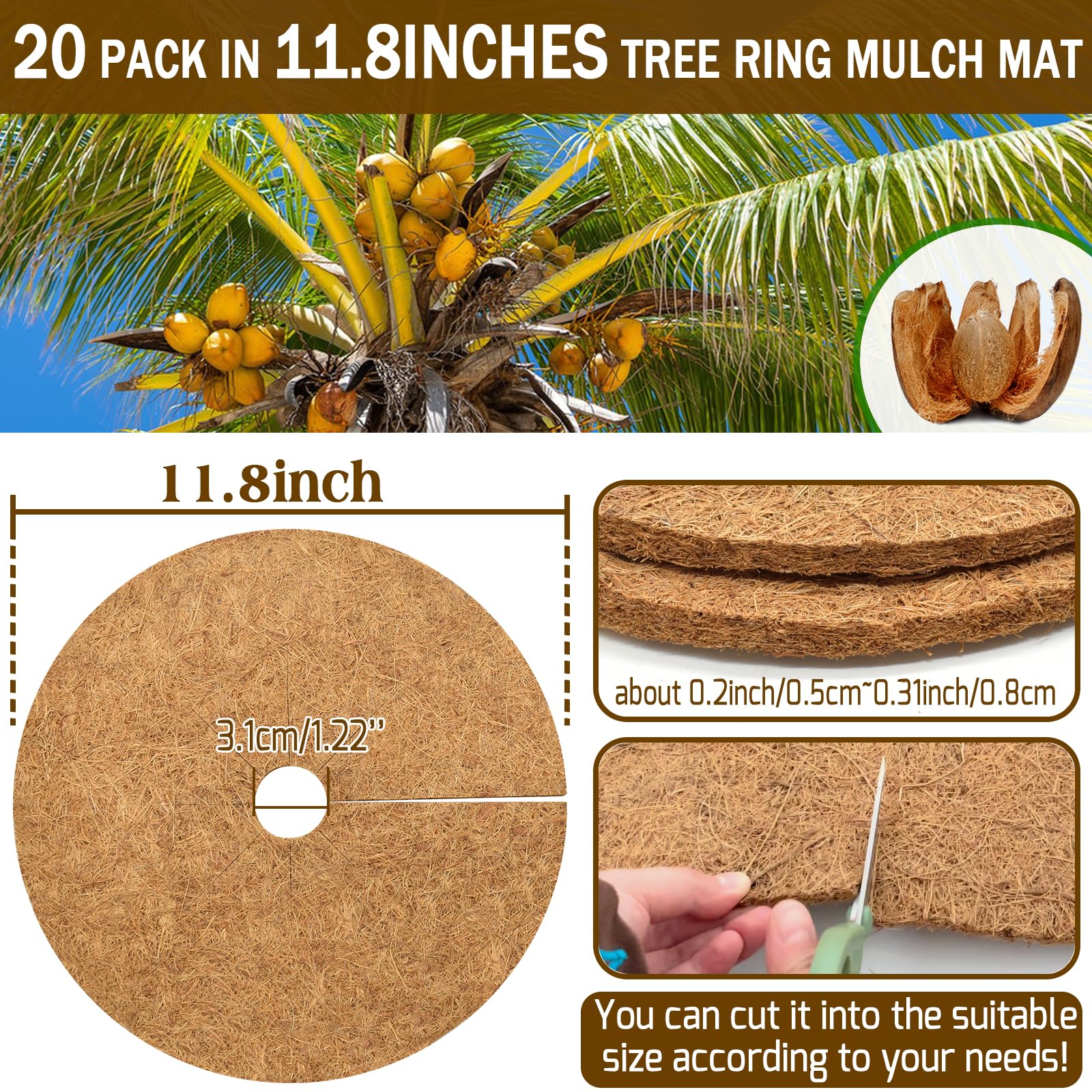 ZeeDix 20 Pack Coconut Fiber Mulch Rings - 11.8 Inch Tree Protector Mats for Indoor/Outdoor Plants, Weed Barrier, Disc Plant Cover for Flower Pots & Garden Trees | Ideal for Landscaping, Gardening & Plant Protection