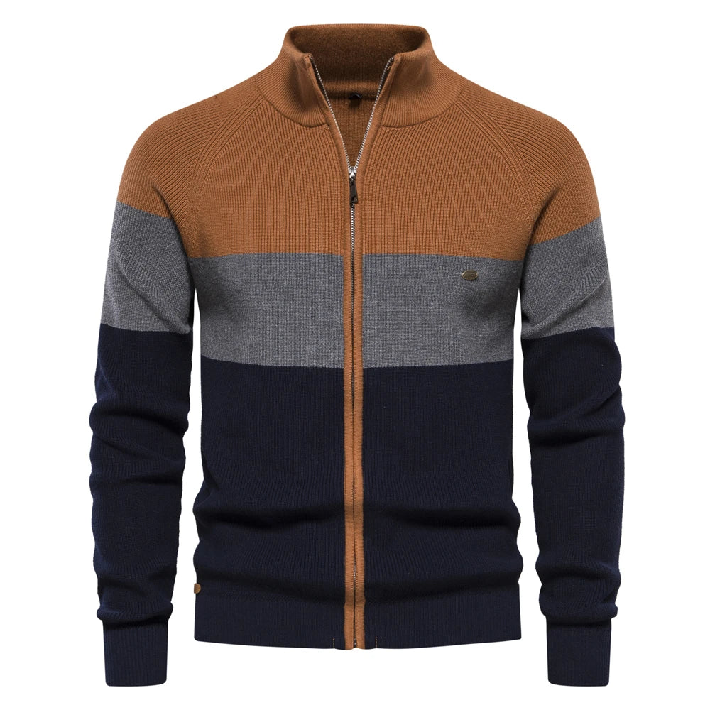 Men's Autumn Winter Patchwork Color Zipper Cardigan - High Quality Cotton Sweater for Youth | Casual Wear, Layering & Outdoor Activities