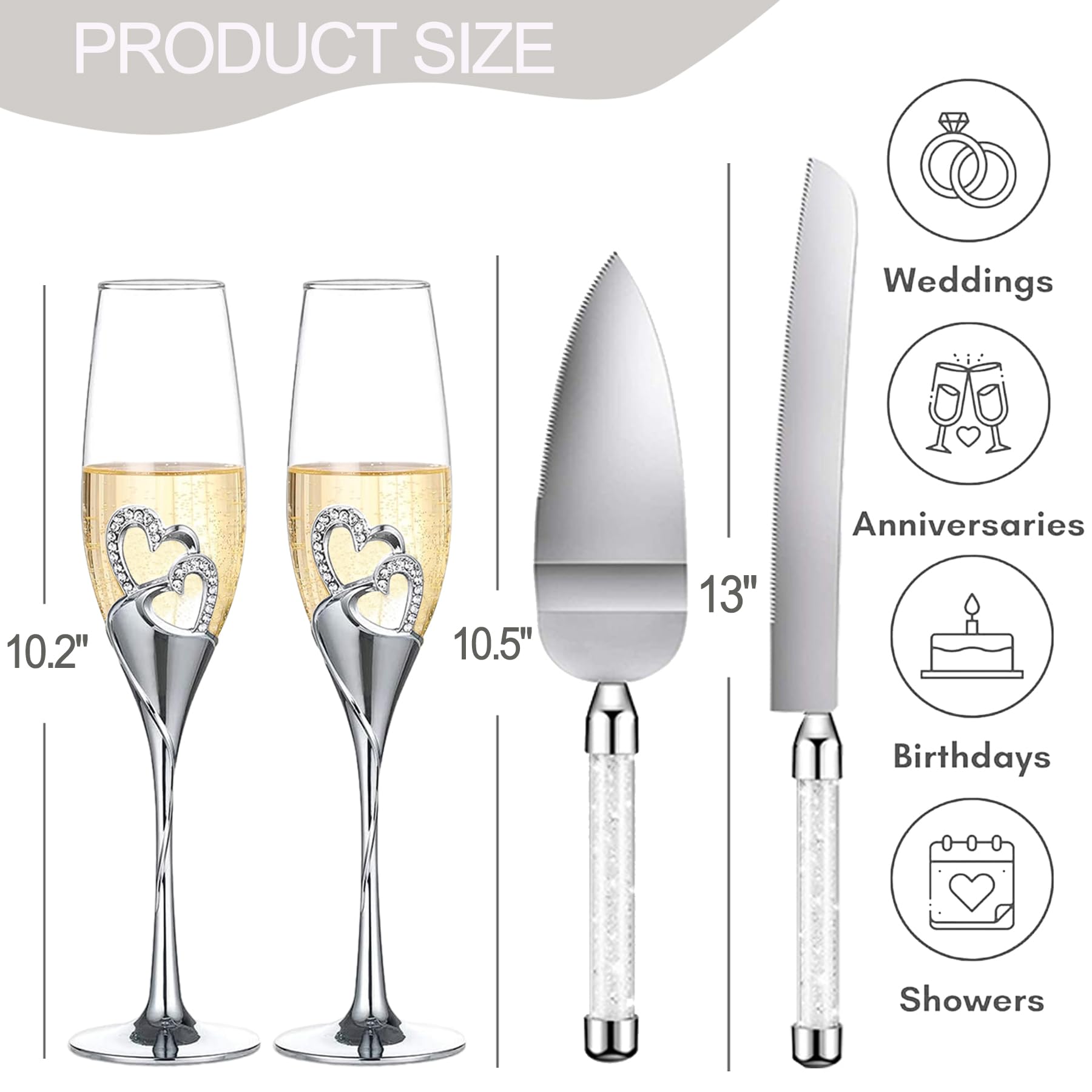 Elegant Wedding Cake Knife and Server Set with Champagne Flutes - Premium Cake Cutting Set for Weddings, Engagements & Anniversaries - Perfect Couples Gift for Wedding Ceremonies, Receptions & Romantic Celebrations