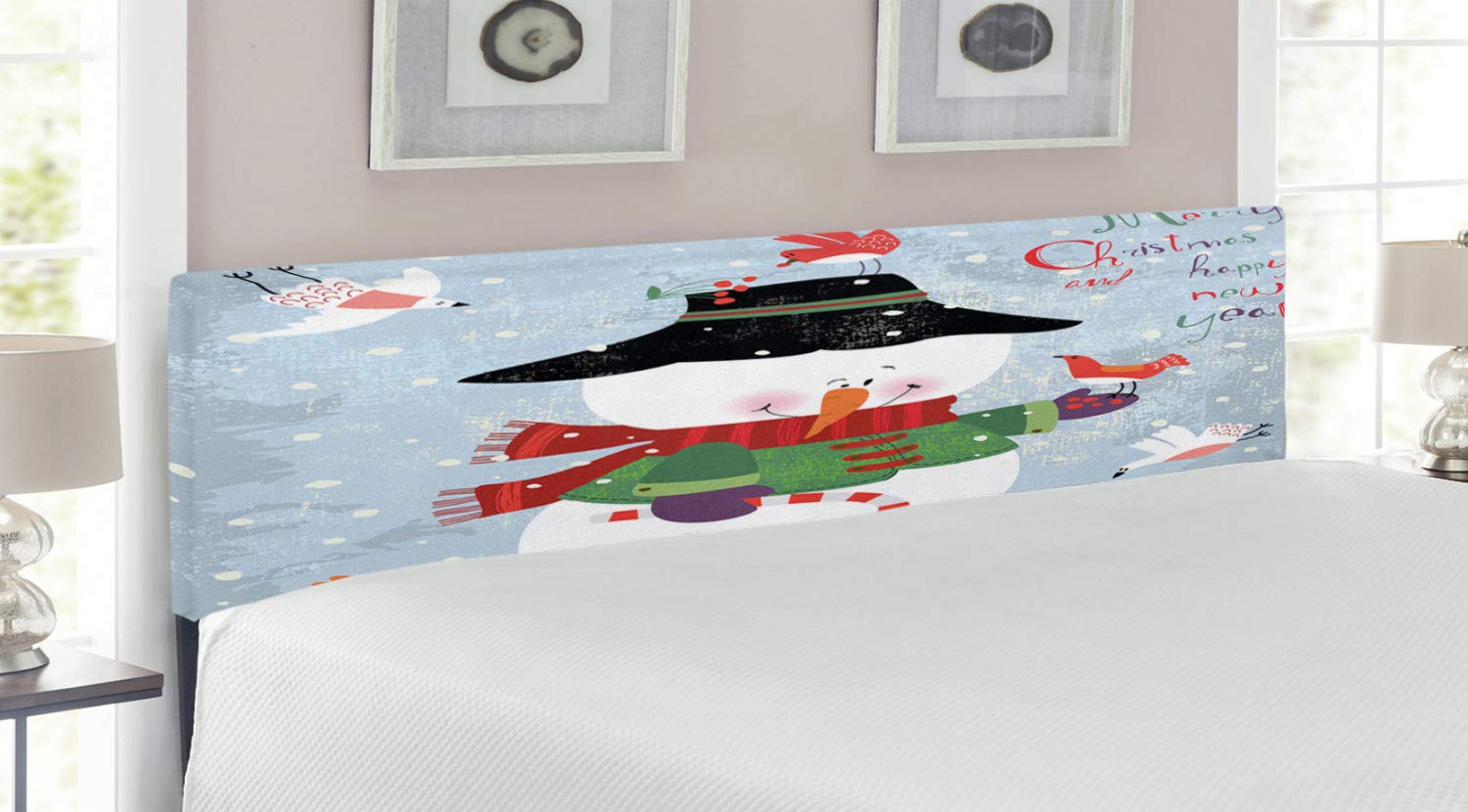 Ambesonne Snowman Headboard - Christmas & New Year Themed Upholstered Metal Bed Headboard with Memory Foam, King Size, Multicolor Snowman with Birds & Candy Cane Design | Perfect for Holiday Bedroom Decor & Winter Themed Guest Rooms