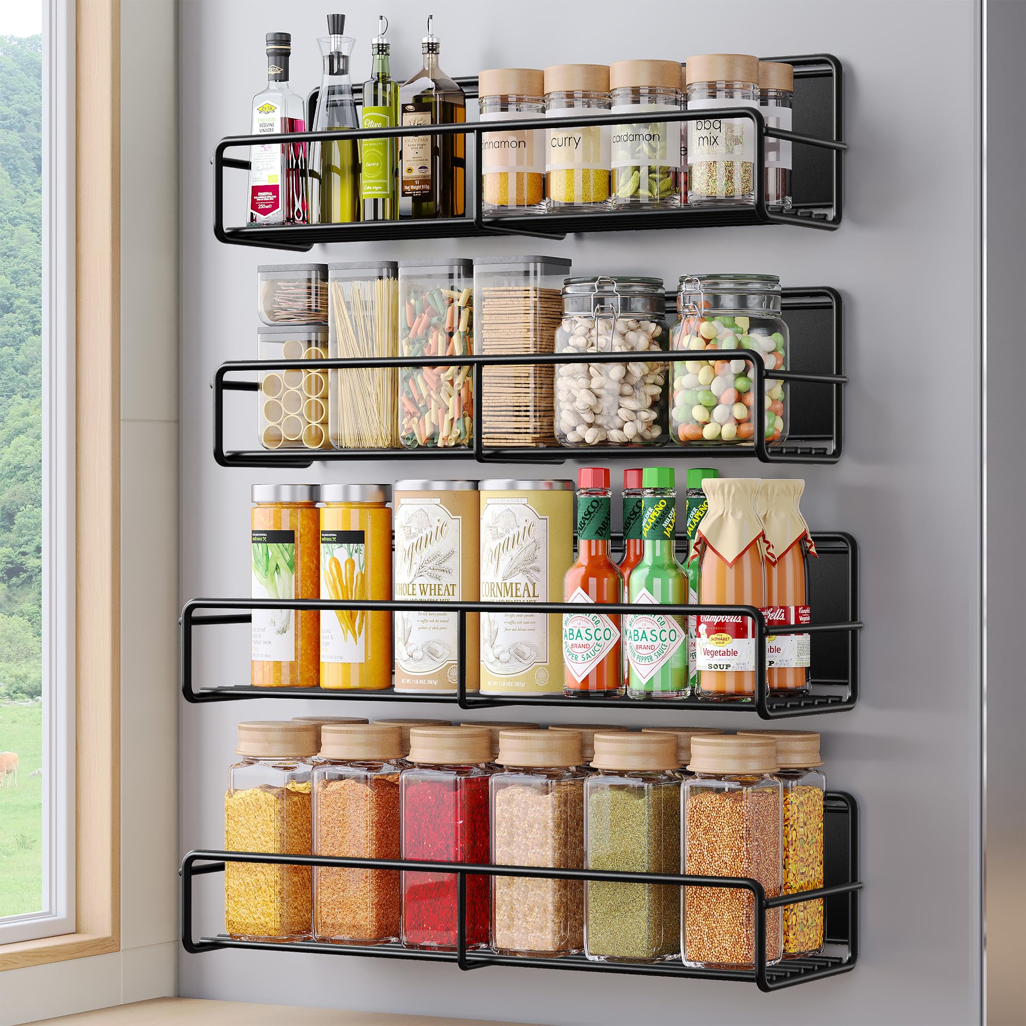4 Pack Magnetic Spice Rack for Refrigerator - Strong Magnetic Shelf Organizer for Kitchen Storage (Black) | Perfect for Spices, Condiments & Small Jars in Fridge or Pantry
