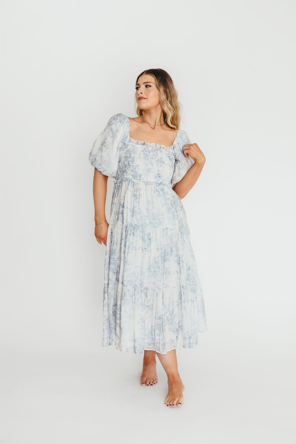 Elena Floral Print Smocked Maternity Midi Dress in Blue | Bump Friendly & Inclusive Sizing | Perfect for Baby Showers, Maternity Photos & Summer Weddings