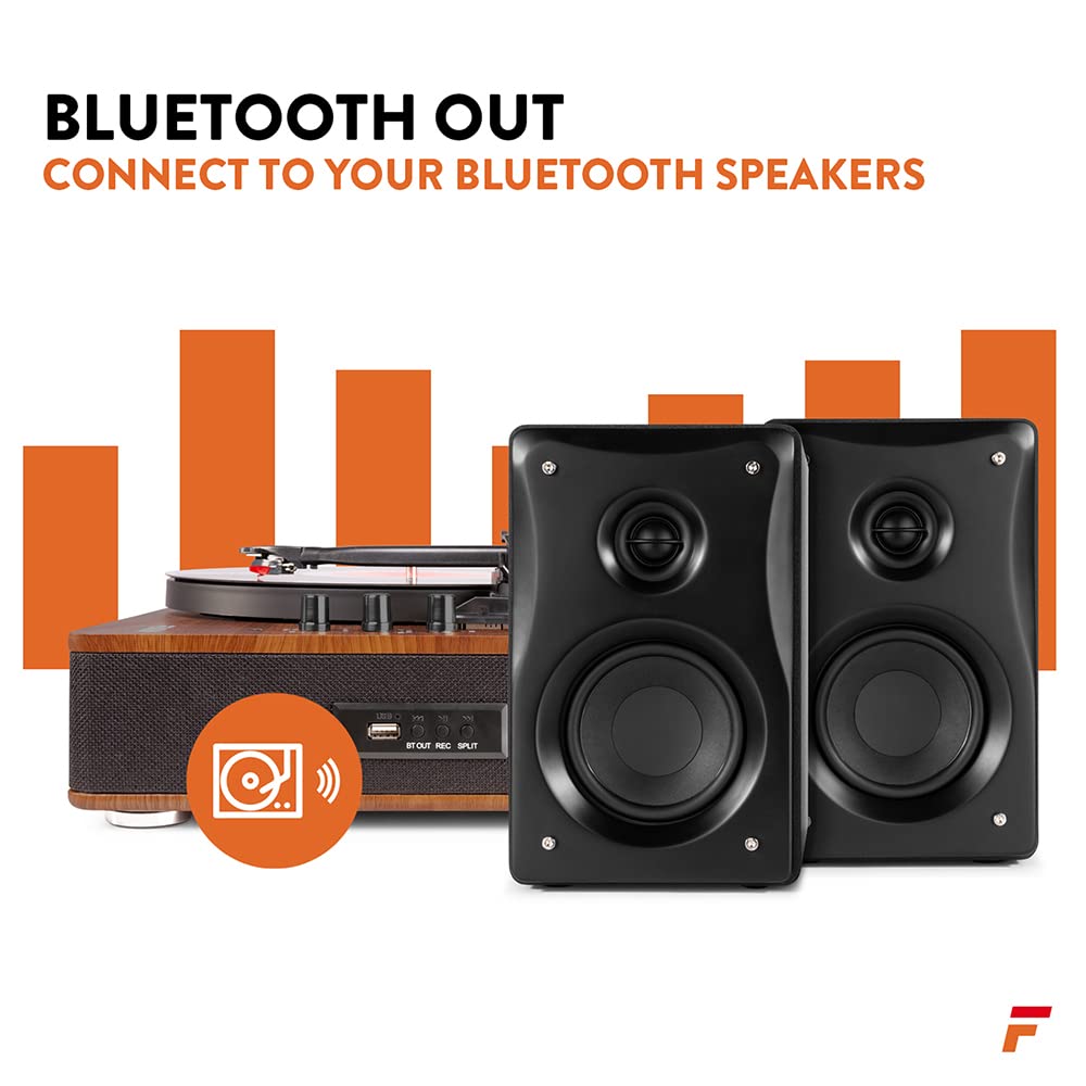 VONYX Fenton RP162D Walnut Bluetooth Record Player with SHF404B Active Bookshelf Speakers - Wireless Turntable System, Vinyl to MP3 Converter, 3-Speed Belt-Drive for Home Entertainment & Music Lovers