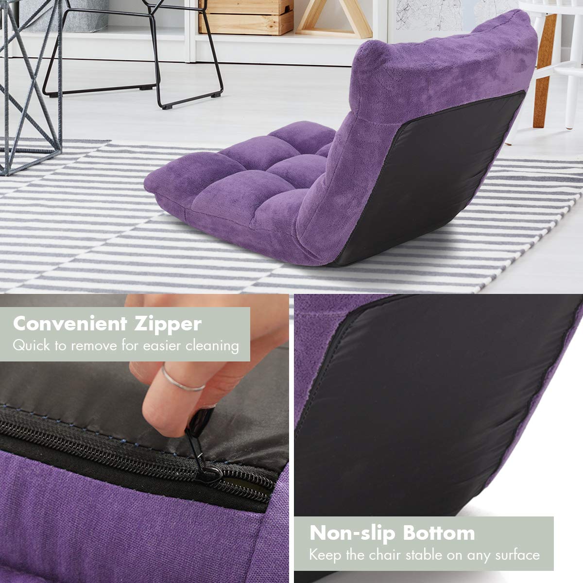Adjustable Floor Chair with Back Support - 14 Position Recliner, Padded Sleeper Sofa for Adults - Foldable Living Room Seating & Bed Couch - Perfect for Meditation, Gaming, Reading & Small Space Living (Purple)
