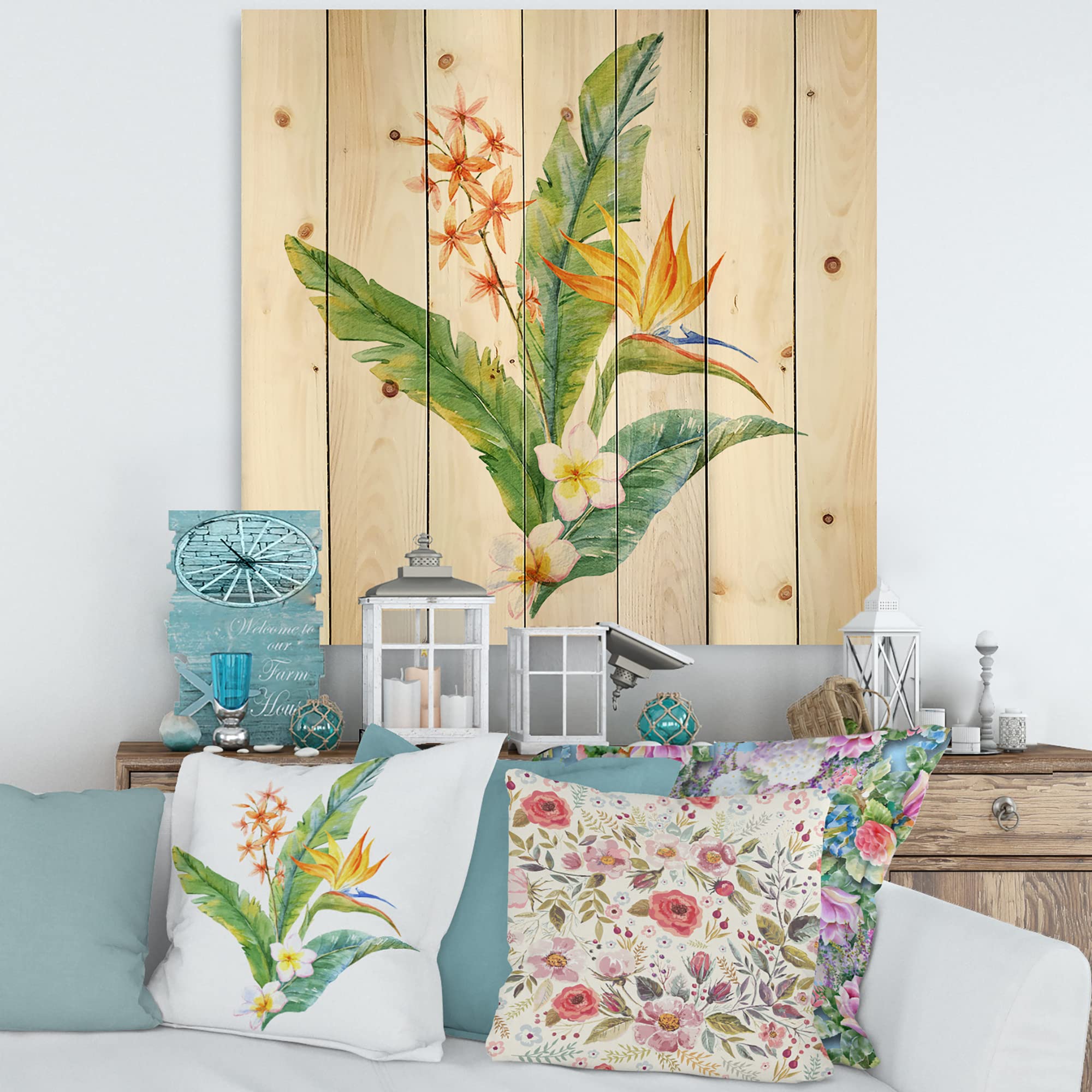 DesignQ Tropical Yellow Flowers & Green Leaves Traditional Wood Wall Decor - Large Floral Pine Wood Wall Art Panel for Living Room, Bedroom & Office Decoration