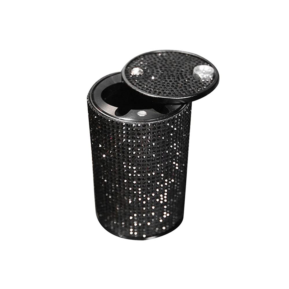 Portable Smell Proof Crystal Diamond Ashtray with Lid - Mini Car Trash Can for Women, Ideal for Car, Home, Office, and Outdoor Use (Black, A)