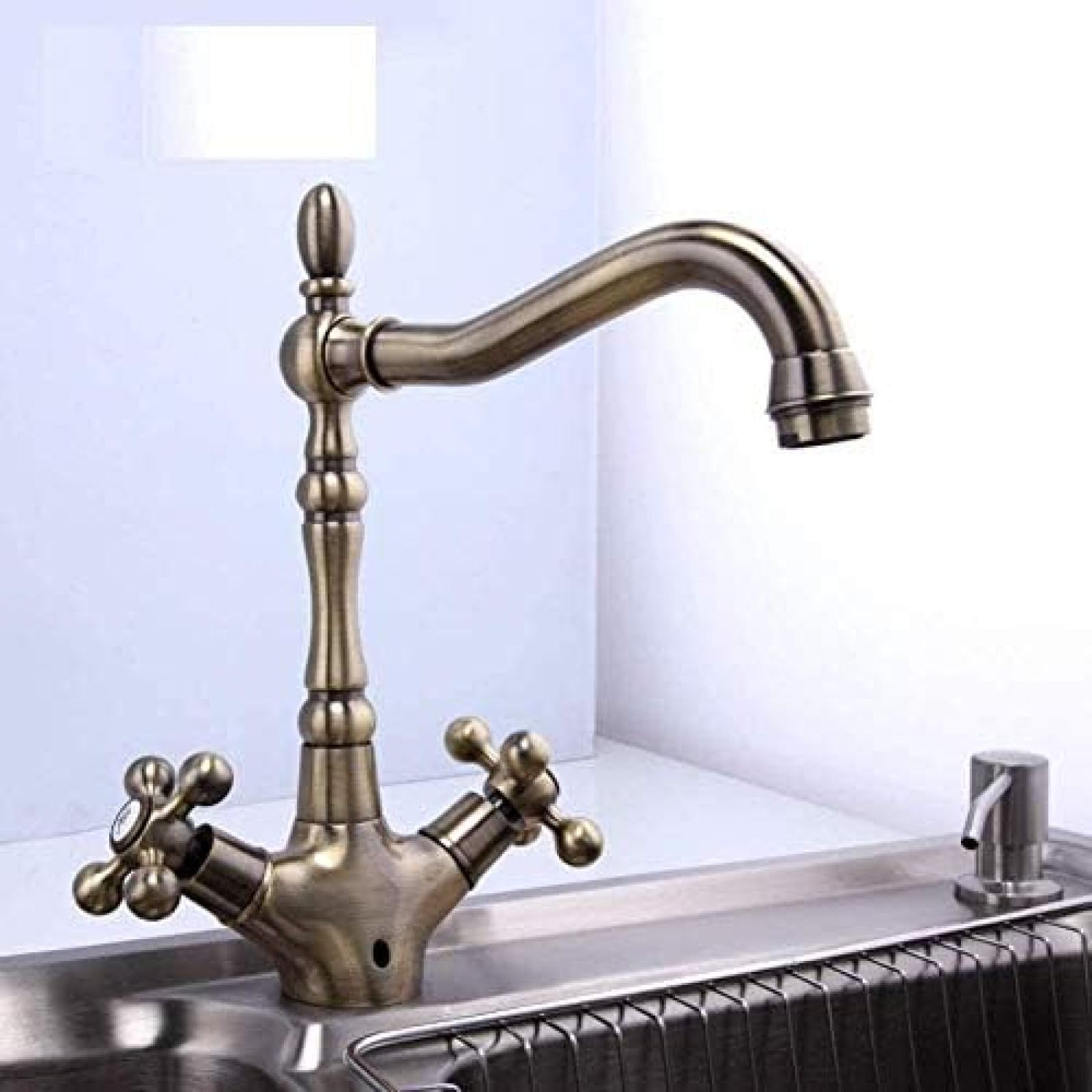CRJUS Antique Brass Kitchen & Bathroom Faucet - Double Handle 360° Rotating Sink Tap for Basin, Bathtub, and Modern Home Decor