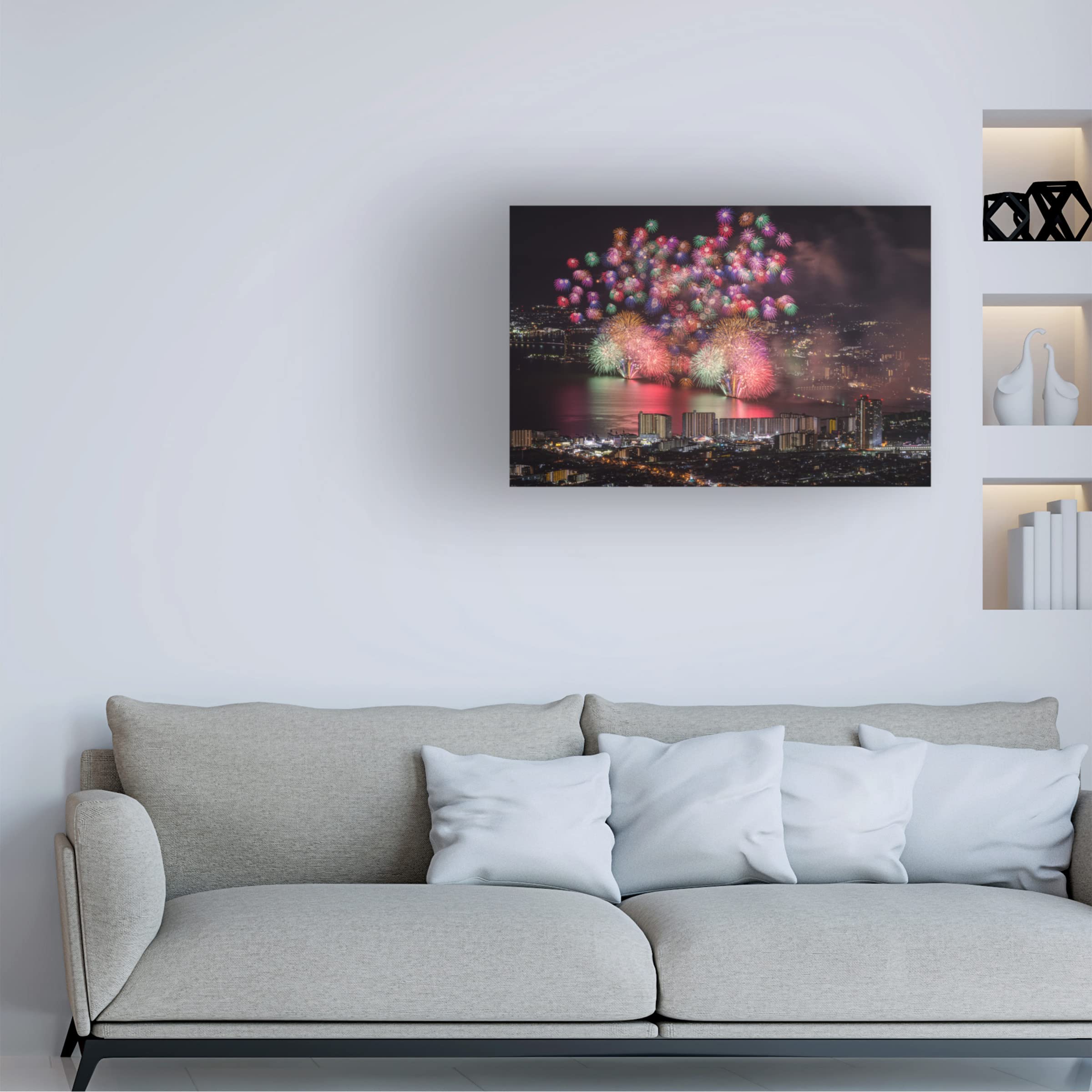 Trademark Fine Art 'Lake Biwa Fireworks' Canvas Print by Tatsuki Ito - Japanese Landscape Wall Art for Living Room, Bedroom & Office Decor
