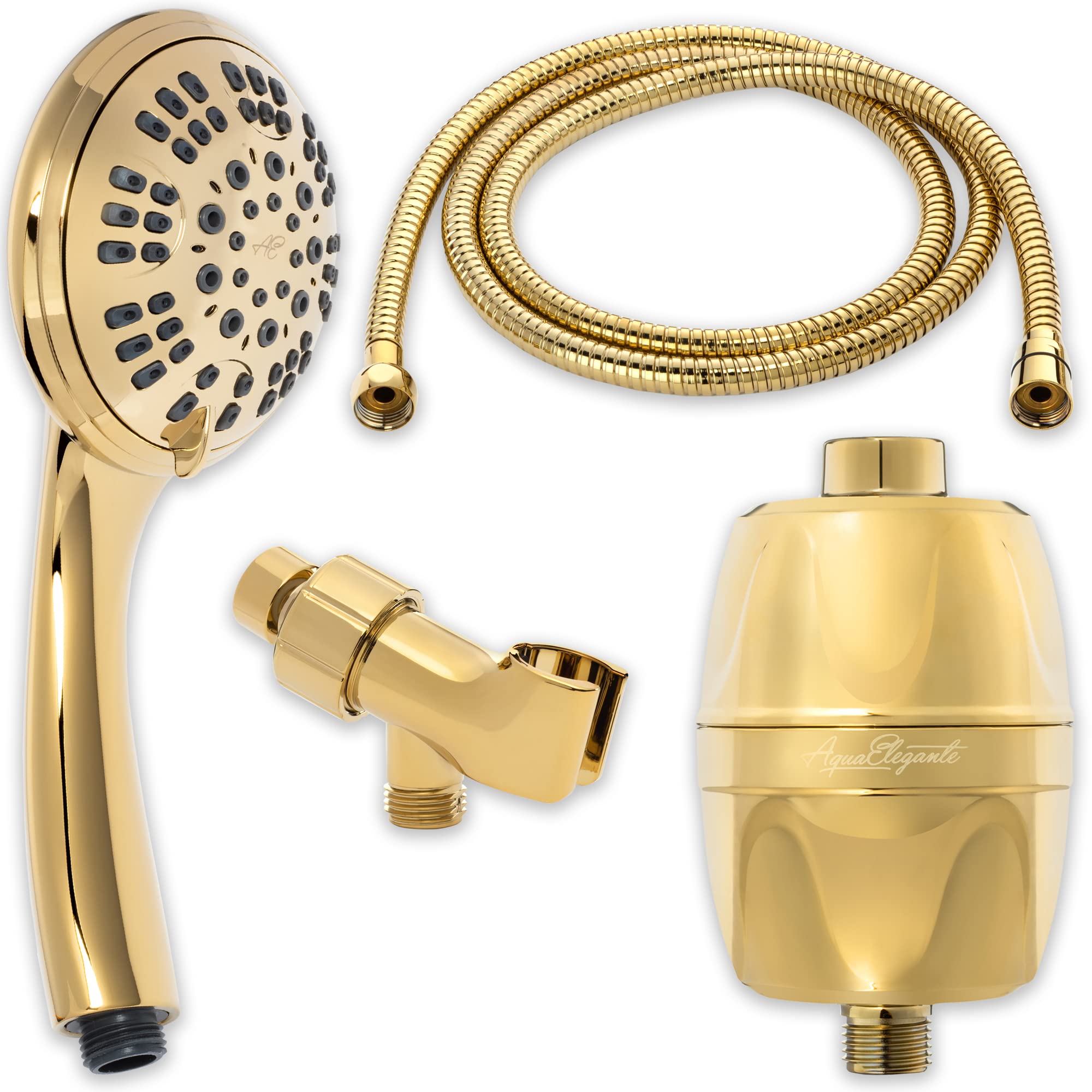 6 Function High Pressure Handheld Shower Head with Filter - Removable Showerhead with Mount & Stainless Steel Hose - Chlorine Removal Water Filter (2.5 GPM, Polished Brass) - Perfect for Bathroom, Spa-Like Shower Experience and Hard Water Areas
