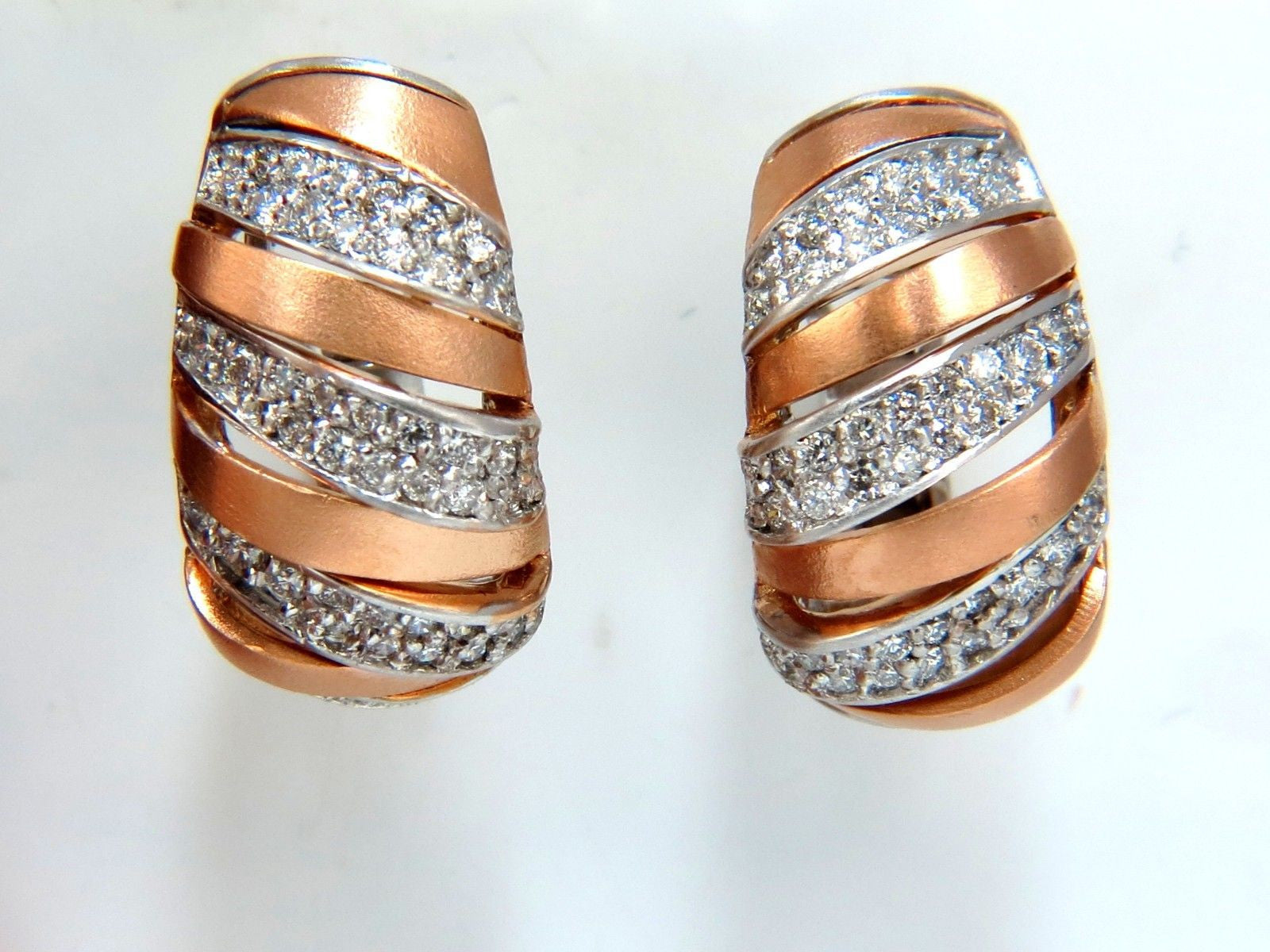 1.00CT Natural Diamonds Hoop Earrings 14K Rose Gold G/VS 3D Slant Striped Design - Perfect for Weddings, Parties & Everyday Elegance
