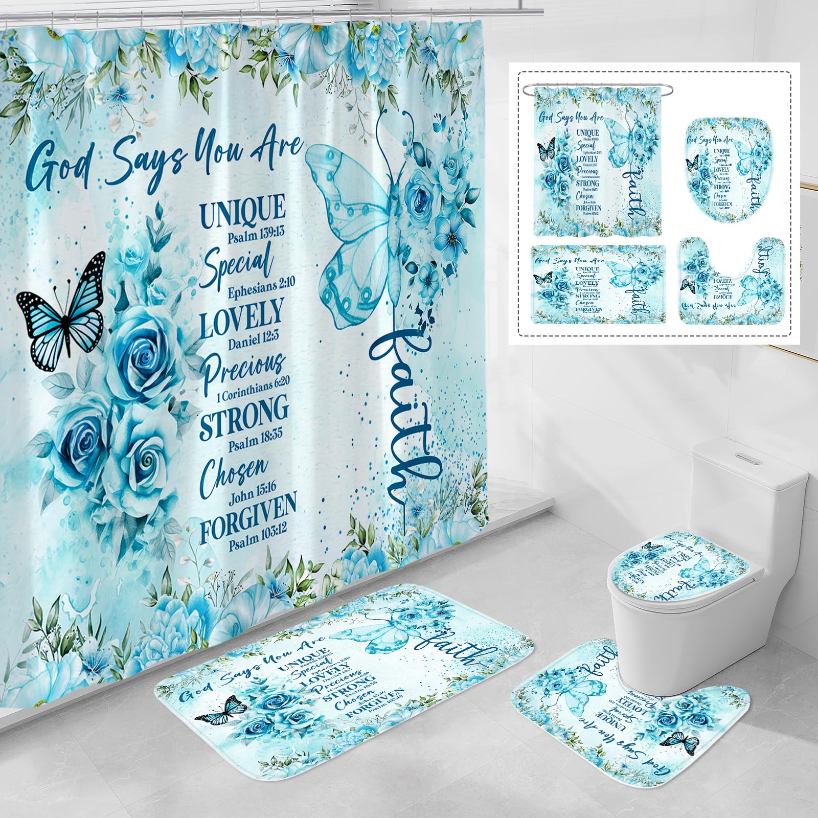 4-Piece Teal Butterfly Shower Curtain Set with Matching Bath Rug & Toilet Cover - Waterproof Boho Bathroom Decor with Inspirational Quotes & Bible Verses - Perfect for Modern, Farmhouse & Vintage Style Bathrooms
