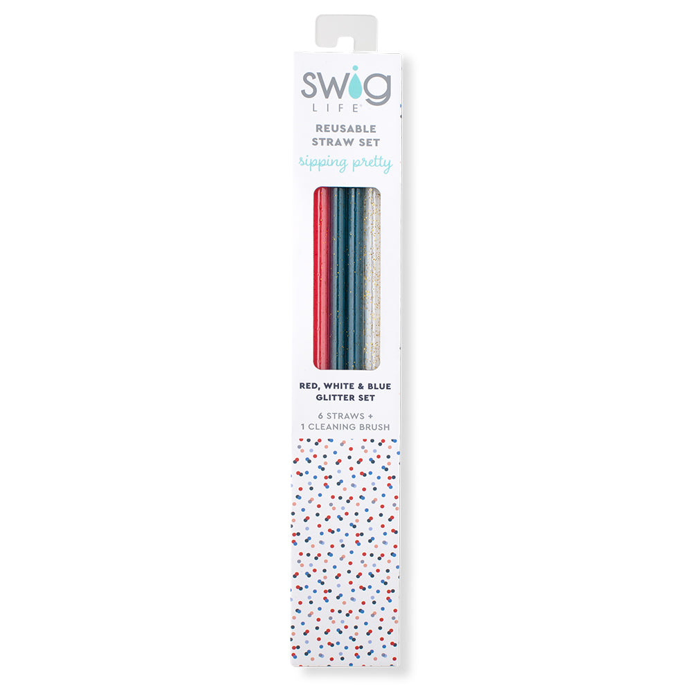 Red, White & Blue Glitter Reusable Straw Set - 12 Pack Eco-Friendly Stainless Steel Drinking Straws for 4th of July, Patriotic Parties & Summer Beverages