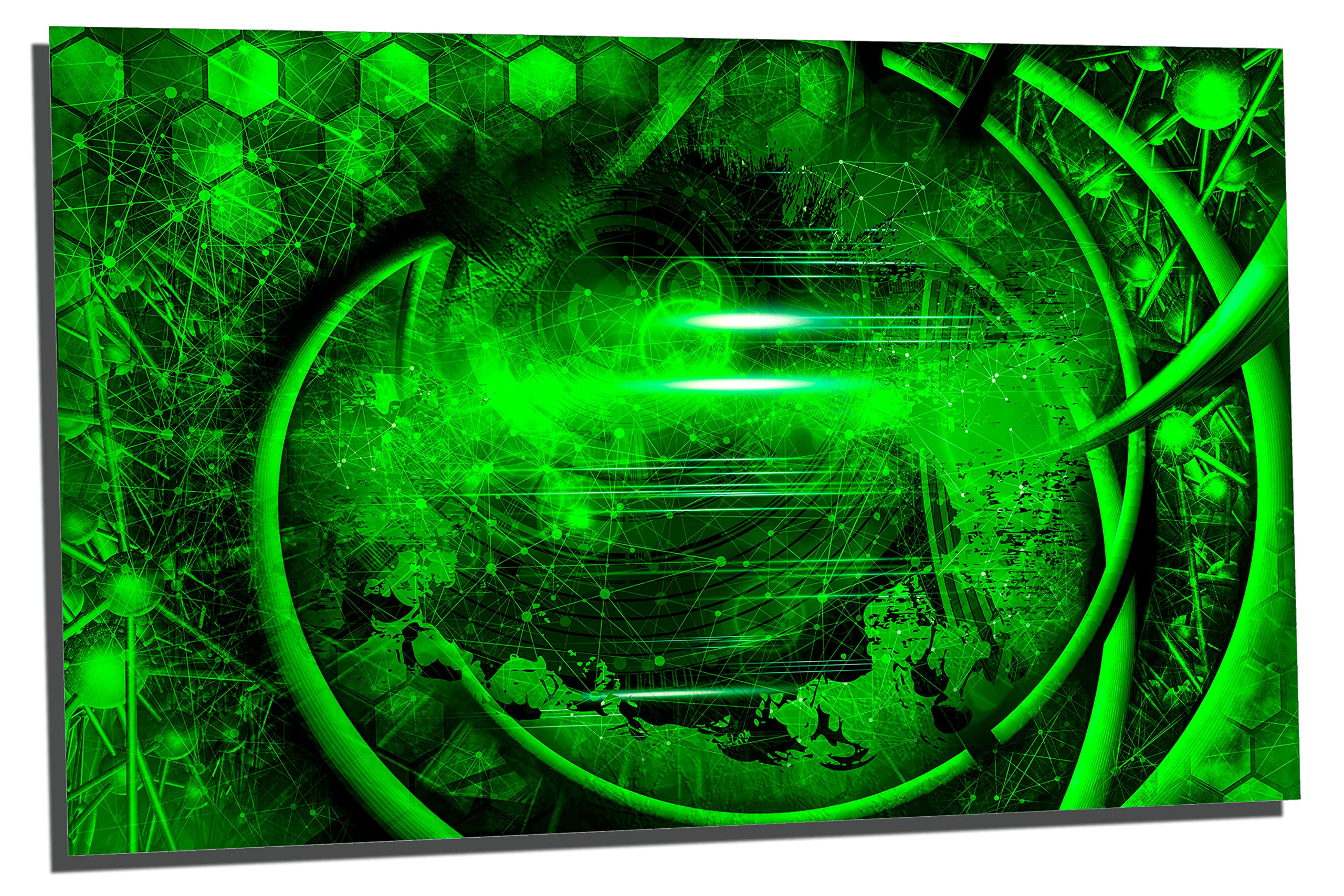 Abstract Technology Wall Art - 24x16 Inch Green Hexagonal Digital Print on HD Aluminum Canvas | Modern Home & Office Decor for Tech Lovers
