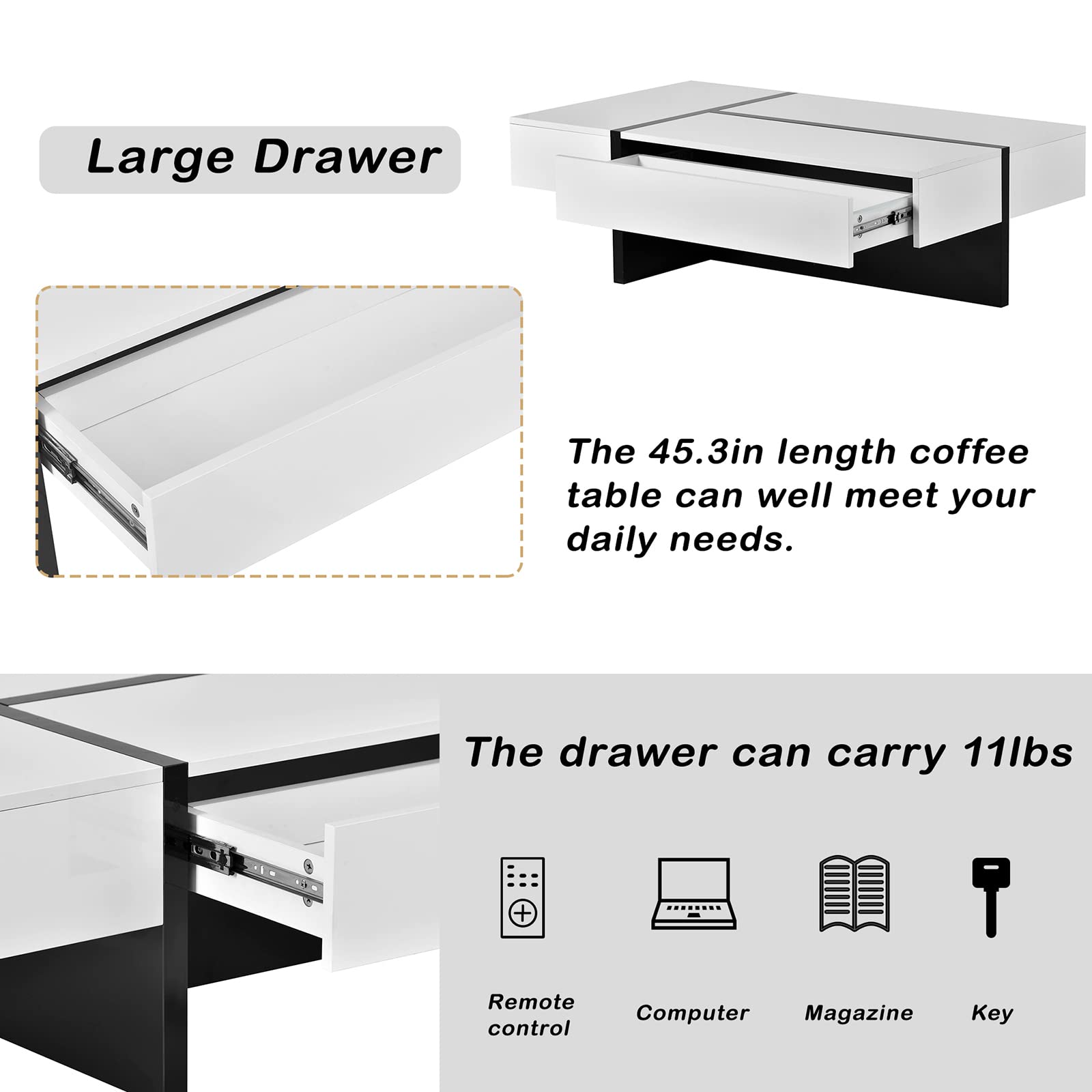 Modern Rectangle Coffee Table with Unique Design - High Gloss Cocktail Table for Living Room - 45.2 x 25.5 x 13.7 Inches Center Table for Sofa or Lounge Chairs - Easy Assembly - Perfect for Small Spaces, Apartments & Contemporary Home Decor