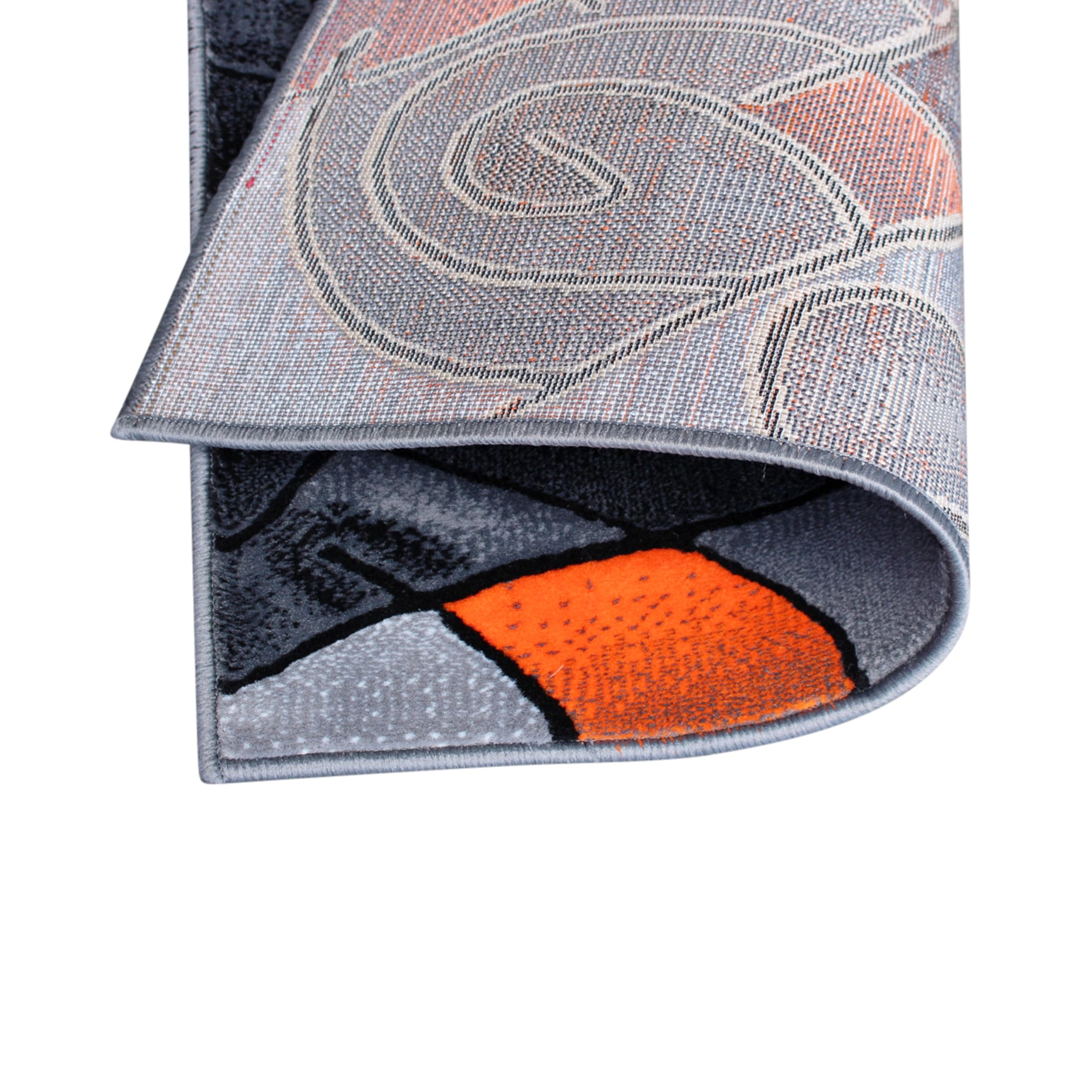 EMMA + OLIVER Abstract Geometric Plush Olefin Accent Rug - Gradient Gray with Orange Accents - 2x3 Feet Stain & Moisture Resistant - Perfect for Living Room, Bedroom or Office Decor