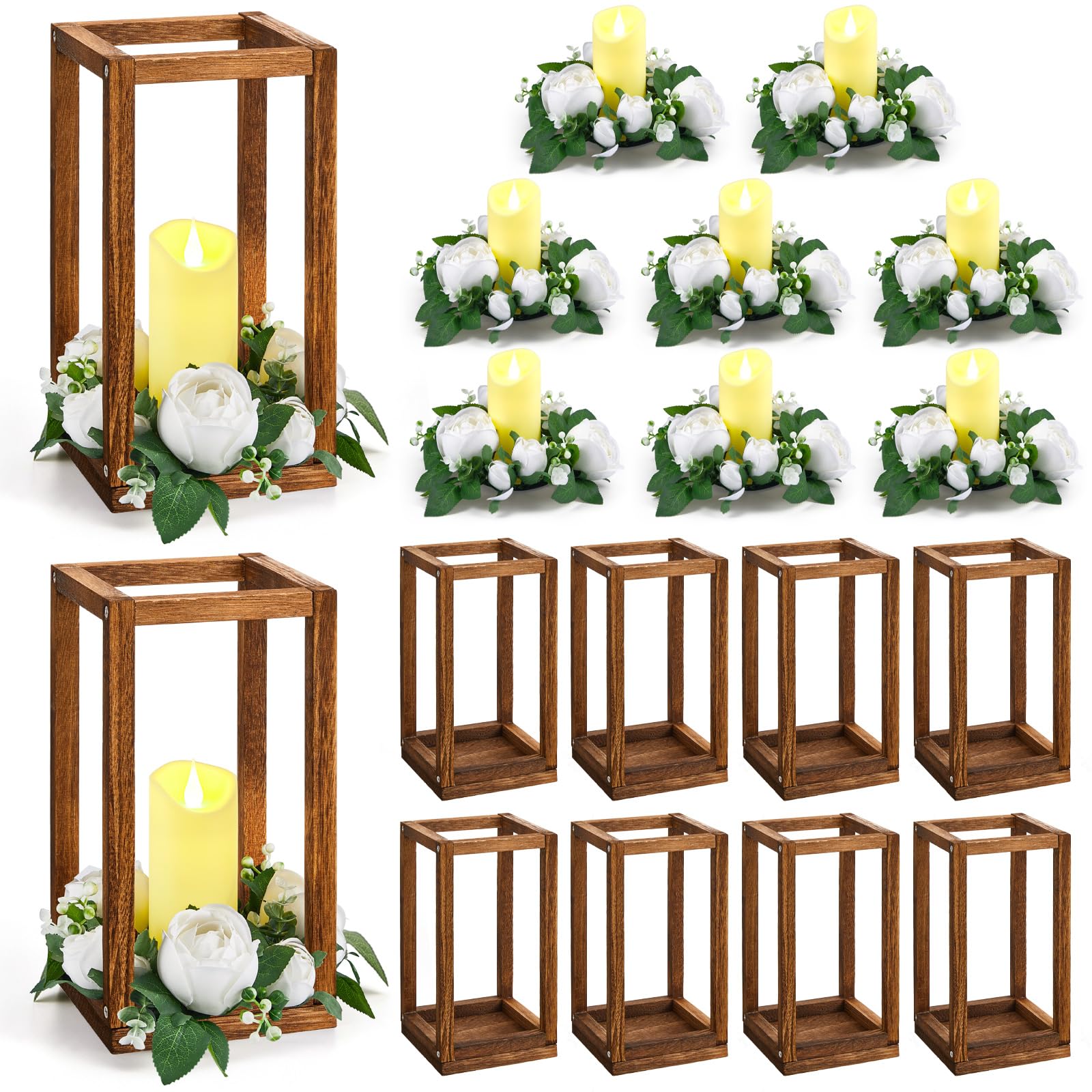 Sabary 30-Piece Eucalyptus Wedding Lanterns Set with Wooden Candle Holders - Rustic Farmhouse Table Centerpieces for Weddings, Country Parties & Home Decor (White Flower Design) - Perfect for Wedding Receptions, Anniversary Celebrations & Seasonal Home Styling