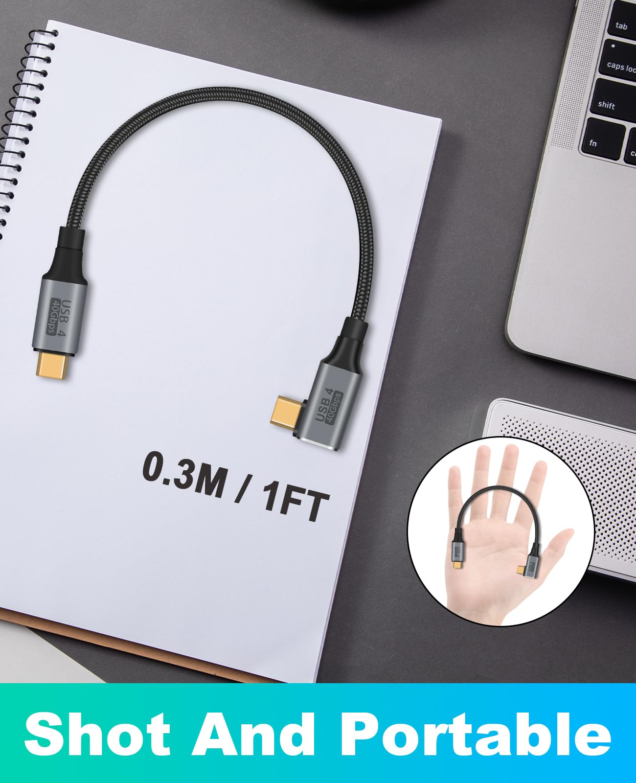 Right Angle USB C Cable 100W 40Gbps - Short 1ft USB 4 for Thunderbolt 4 & MacBook Pro/Air - Fast Charging & 8K Video