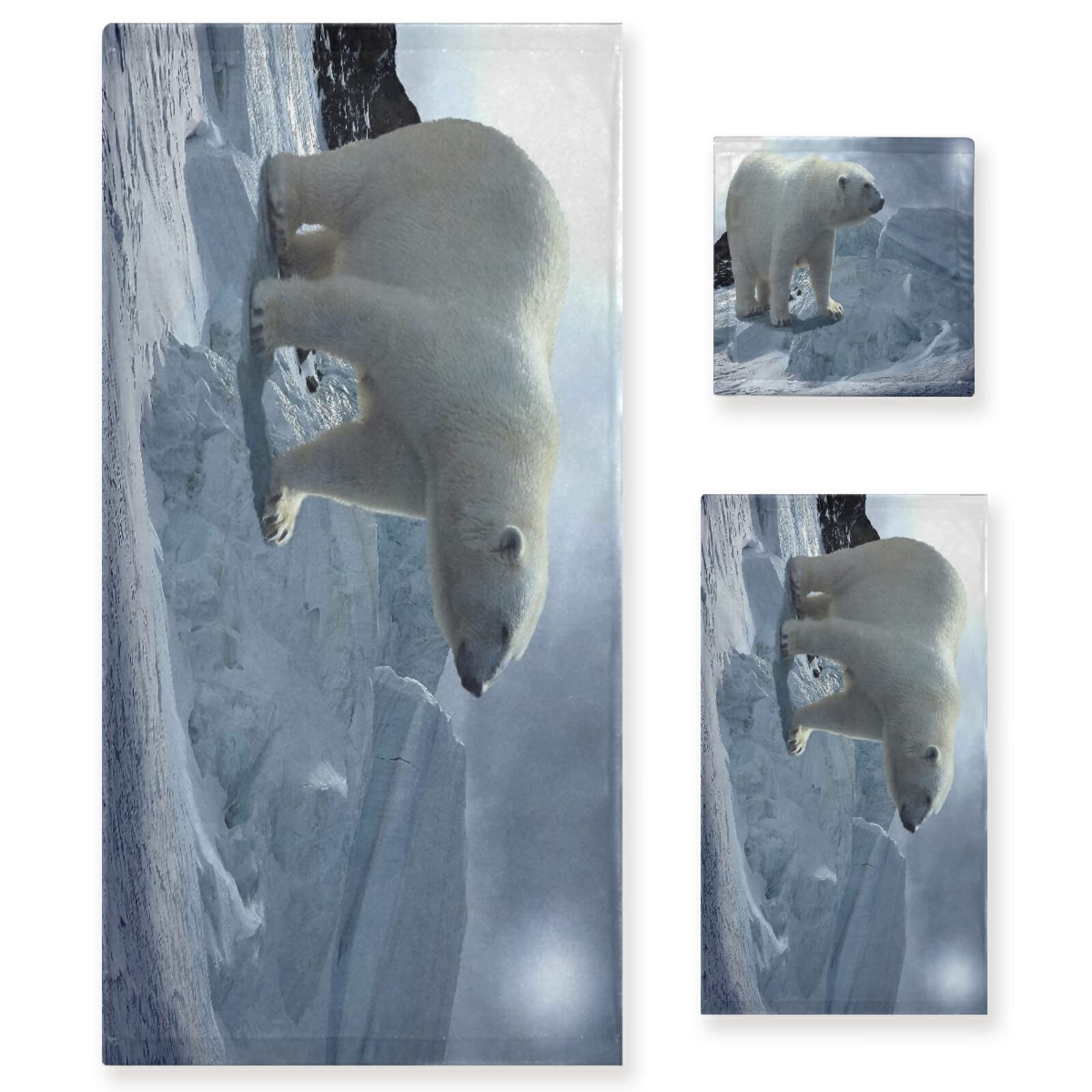 3 Piece Polar Bear Animal Art Bath Towel Set - 1 Bath Towel, 1 Hand Towel, 1 Washcloth - Super Absorbent & Quick Drying Soft Towels for Bathroom, Kitchen, Spa & Gym - Perfect for Home, Hotels & Gifts