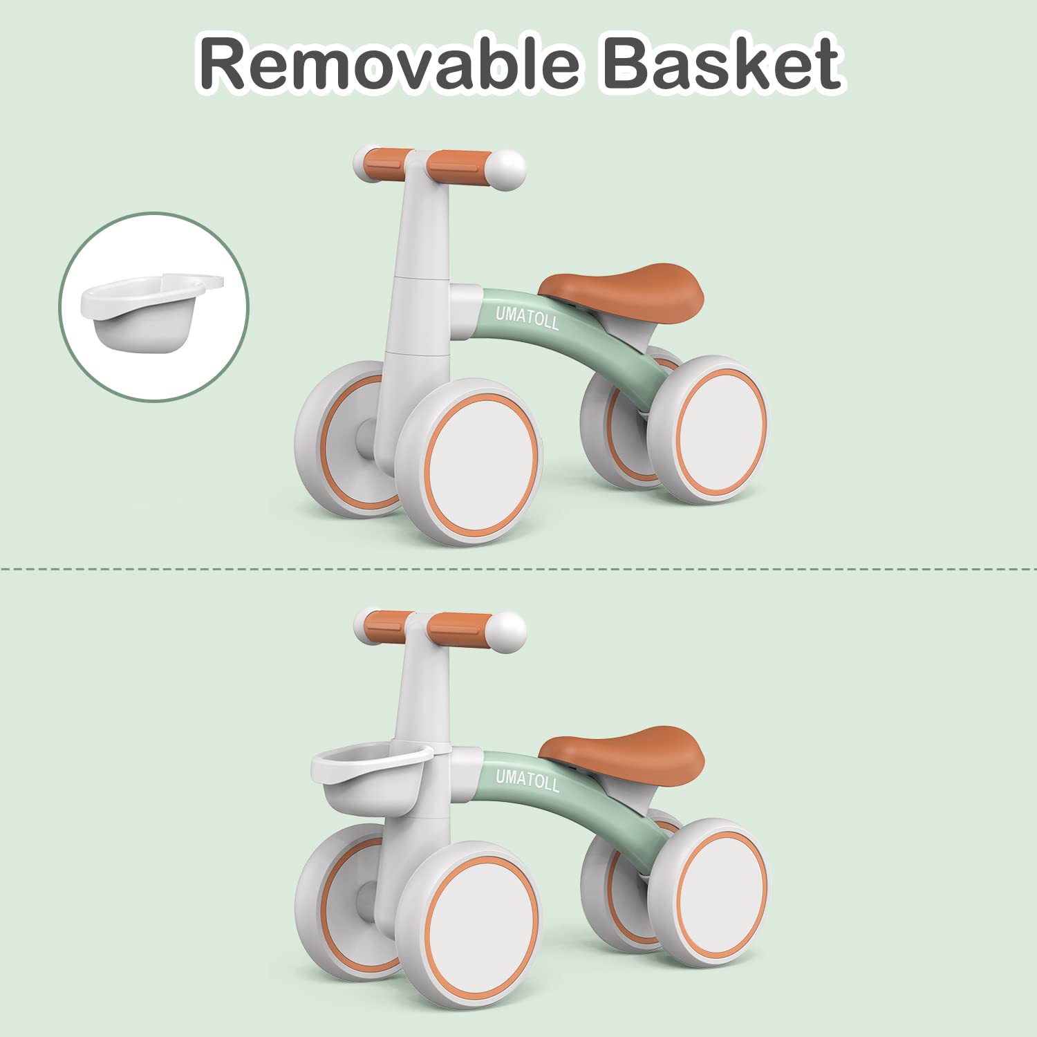 Umatoll Baby Balance Bike for 1-2 Year Olds | Adjustable Seat 4-Wheel Toddler Bike with Removable Basket | First Birthday Gift for Boys & Girls | Perfect for Indoor Play & Outdoor Learning to Ride | Green