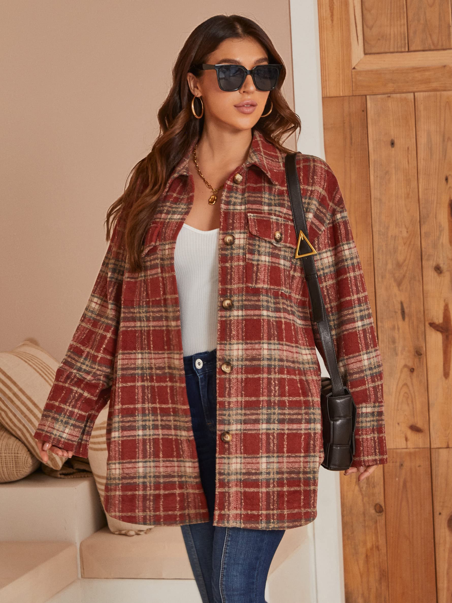 Simplee Women's Cropped Flannel Plaid Wool Blend Jacket - Cozy Winter Coat for Outdoor Hiking, Camping & Casual Streetwear Fashion