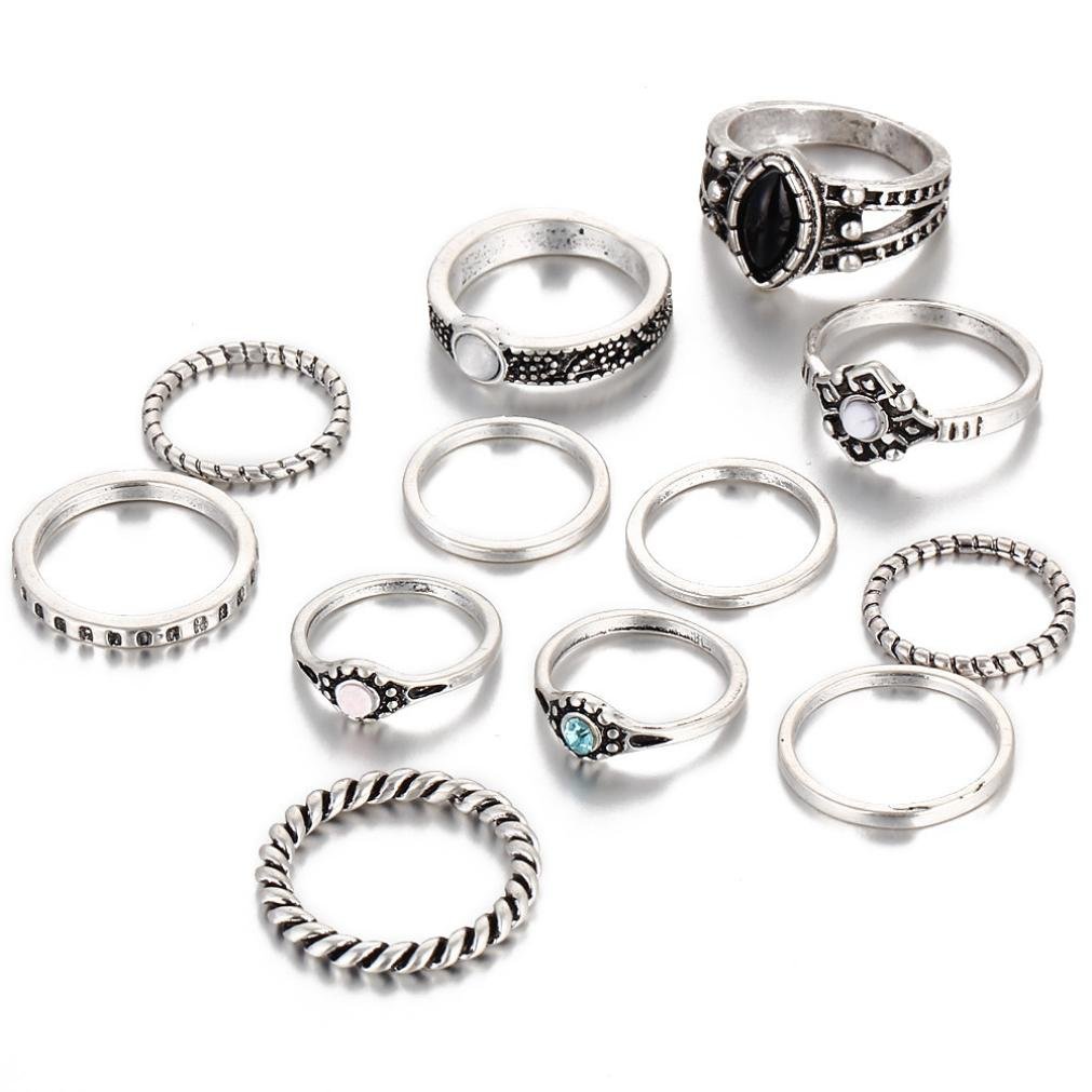 12PCS Vintage Boho Crystal Flower Knuckle Rings for Women - Tibetan Turkish Style Handmade Jewelry Set for Party, Wedding, and Festival Accessories