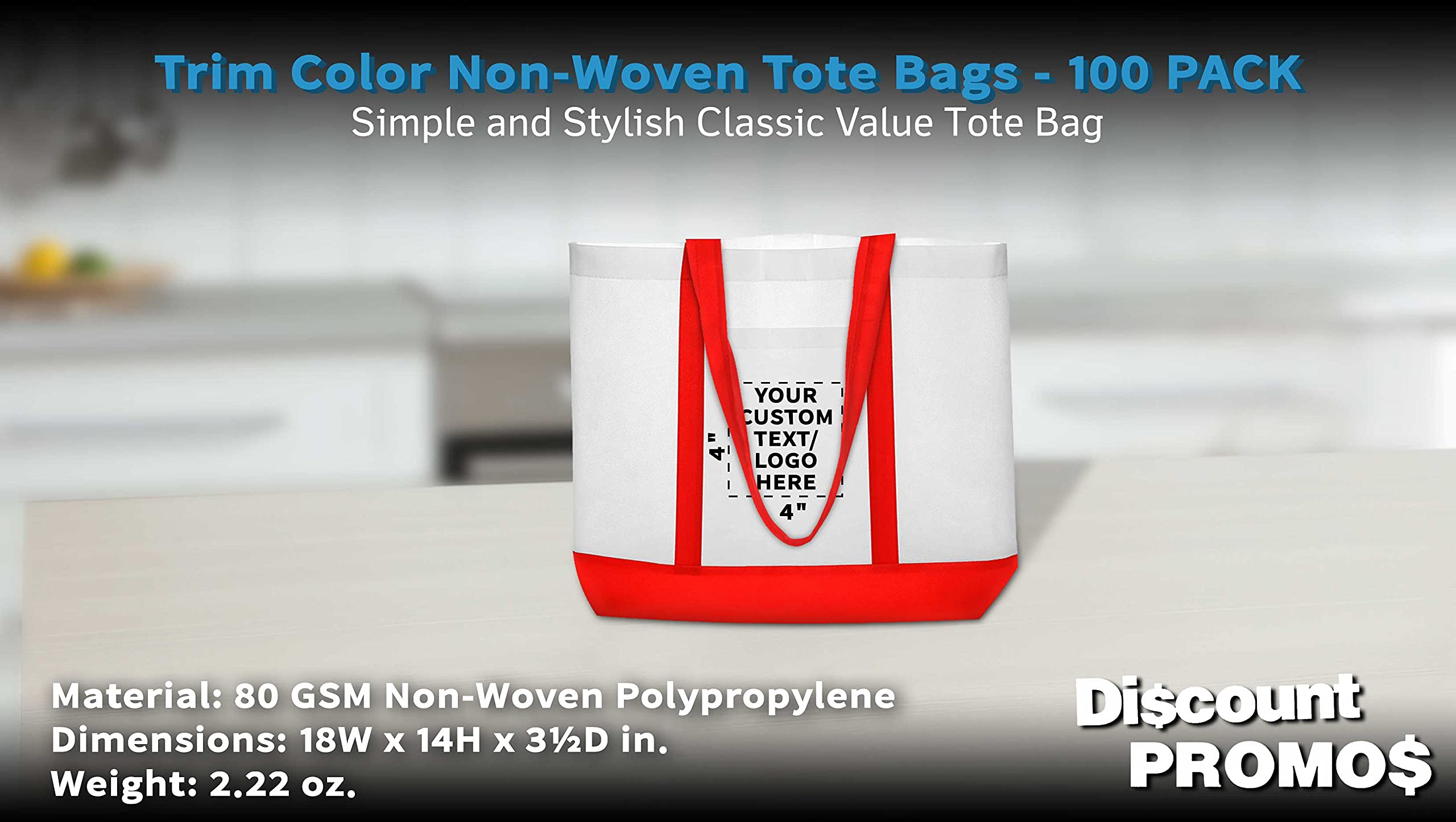 Customizable Non-Woven Tote Bags Set of 100 - Durable, Water Resistant, Two-Tone Design with Front Pocket - 18