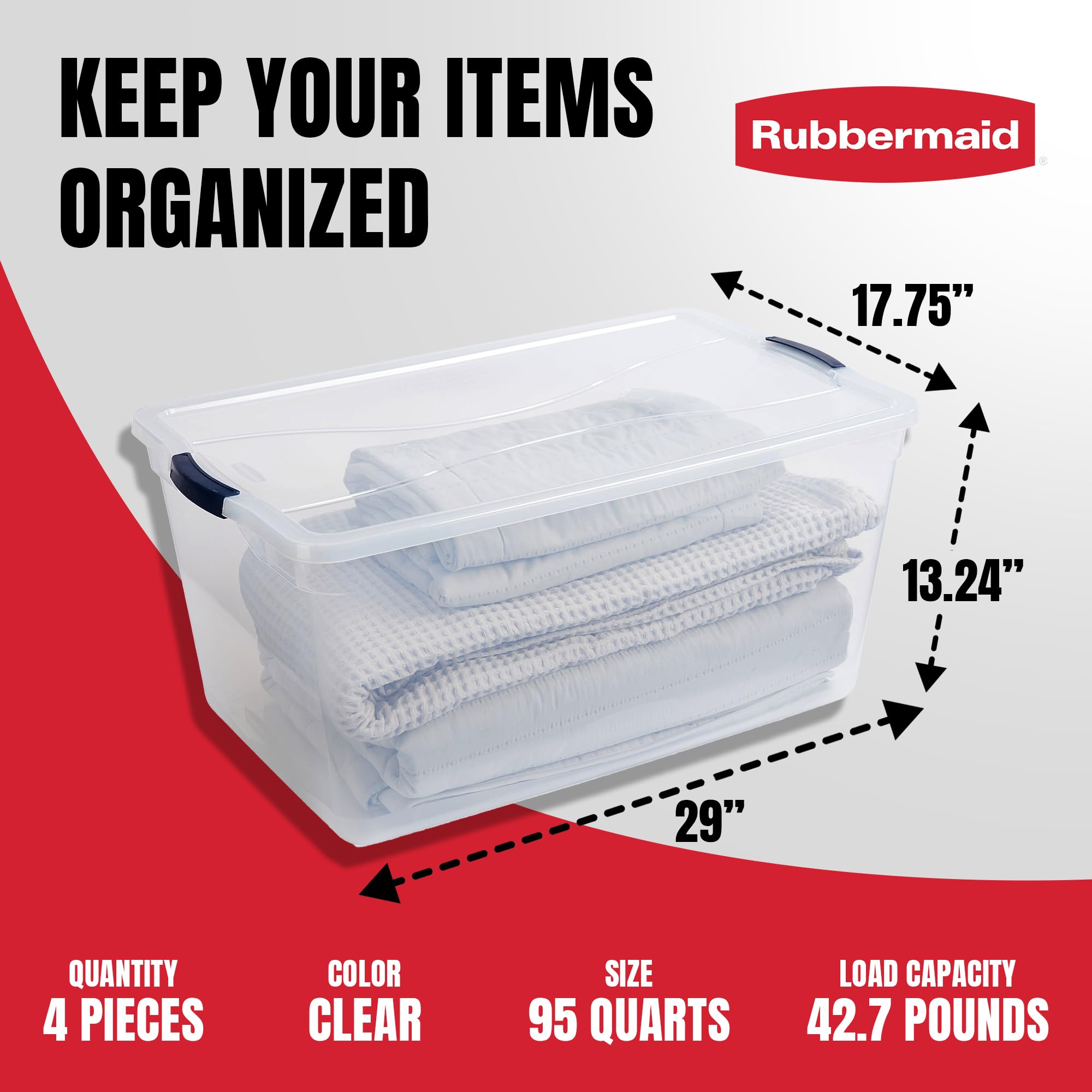 Rubbermaid Cleverstore 95 Quart Clear Stackable Plastic Storage Bins with Lids - 4 Pack Large Organizing Containers for Pantry, Closet, Office & Home Organization - Perfect for Food Storage, Seasonal Decor & Toy Organization