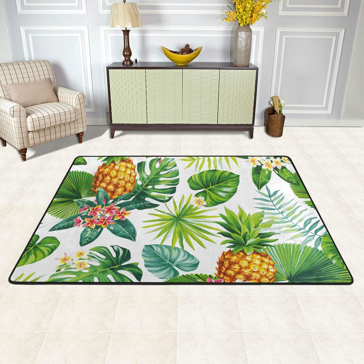 ALAZA Non-Slip Pineapple Tropical Doormat - 24x36 Inch Washable Indoor/Outdoor Entrance Mat with Palm Leaf & Flower Design - Perfect for Front Door, Patio, Bathroom & Laundry Room Floor Protection