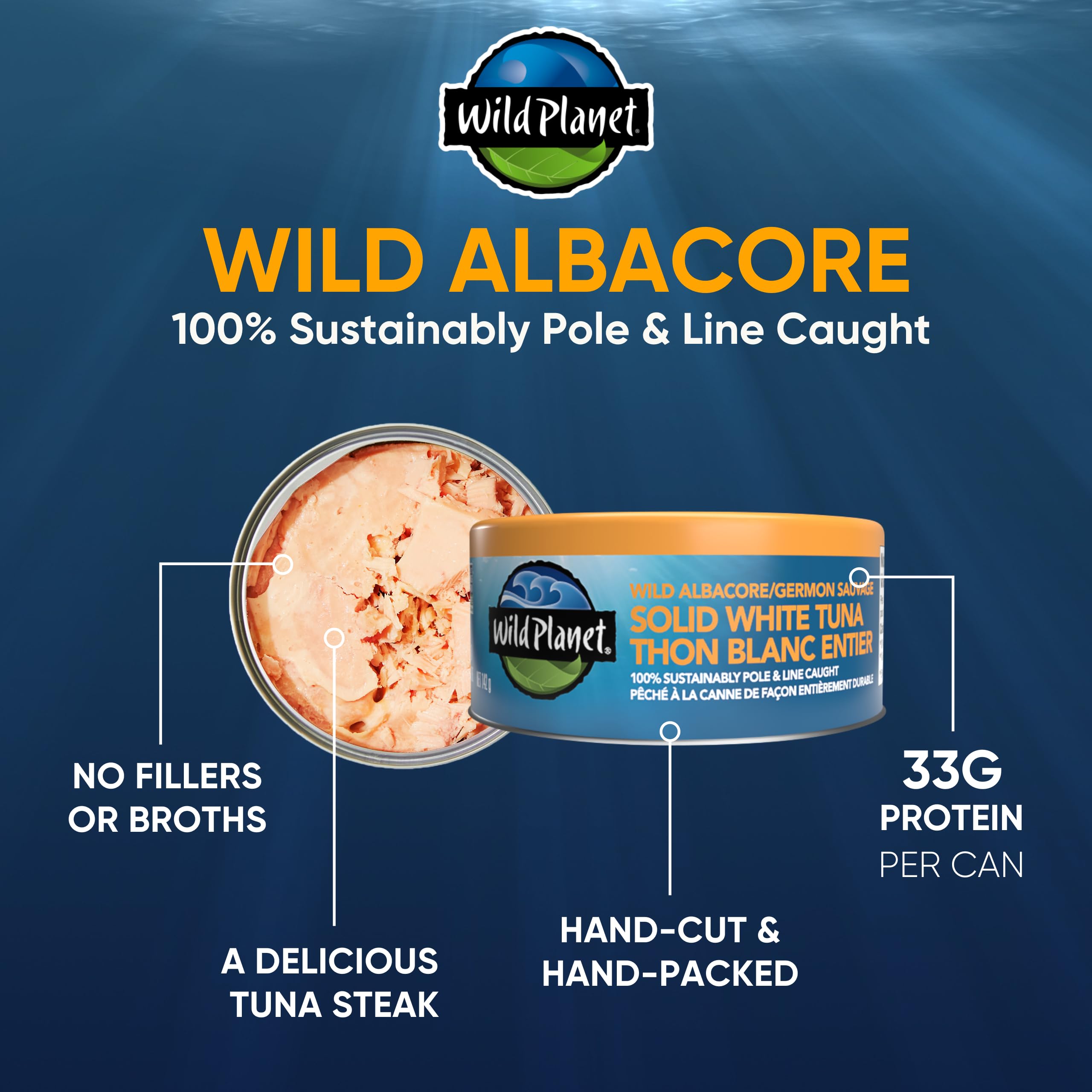 Wild Planet Wild Albacore Tuna in Cans | Sustainably Pole & Line Caught | Non-GMO, Kosher Certified | 5 oz (142g) | Perfect for Salads, Sandwiches & Healthy Meals