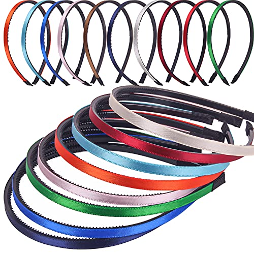 10 Pack Thin Plastic Headbands with Teeth for Women & Girls - Non-Slip Fabric Covered Skinny Hair Bands (0.7cm Width) - Perfect for School, Workouts, Sports and Everyday Styling