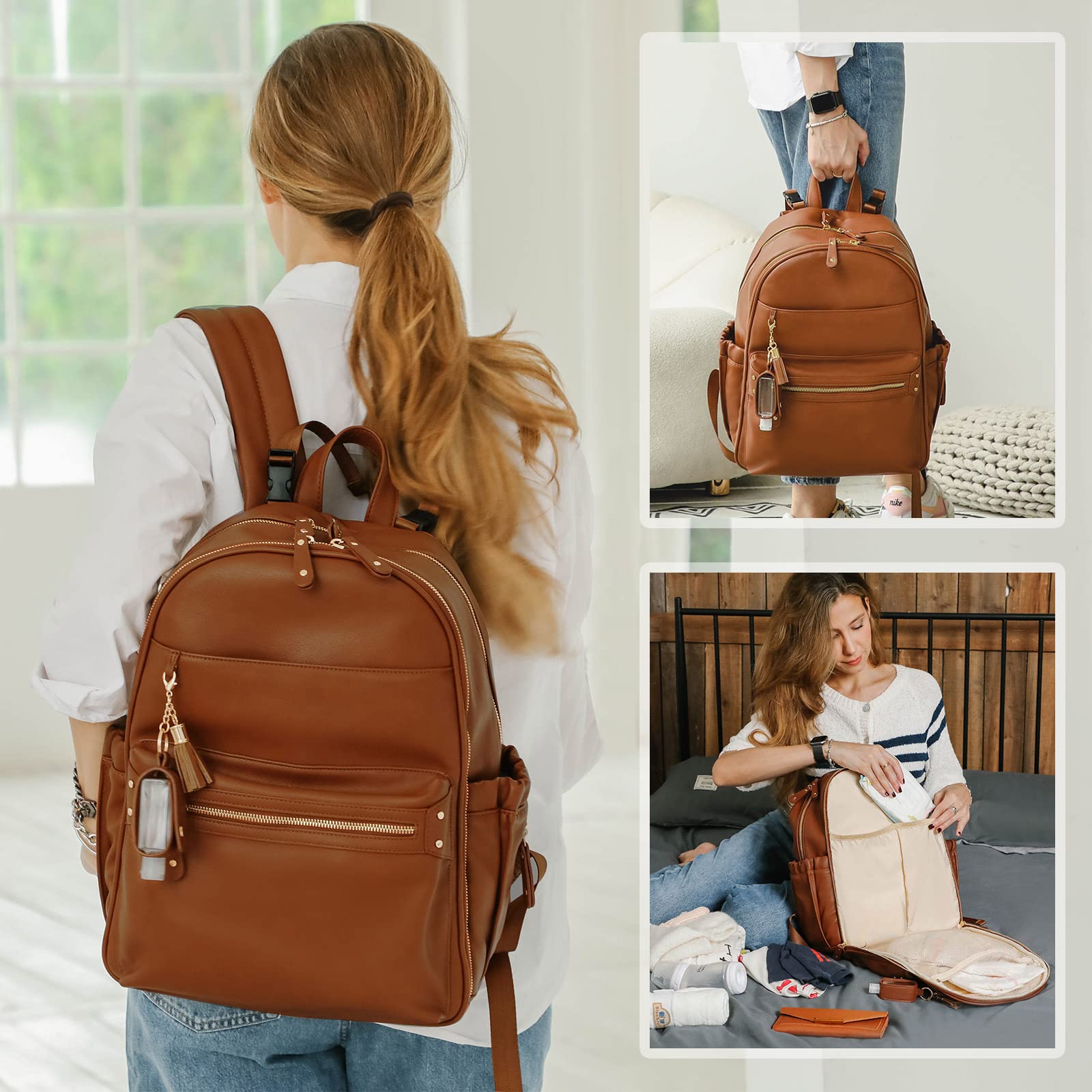 Premium Leather Diaper Backpack for Moms - Large Waterproof Baby Bag with Changing Pad & Stroller Straps | Multi-Functional Travel Backpack for Parenting, Outings & Family Trips (Brown)