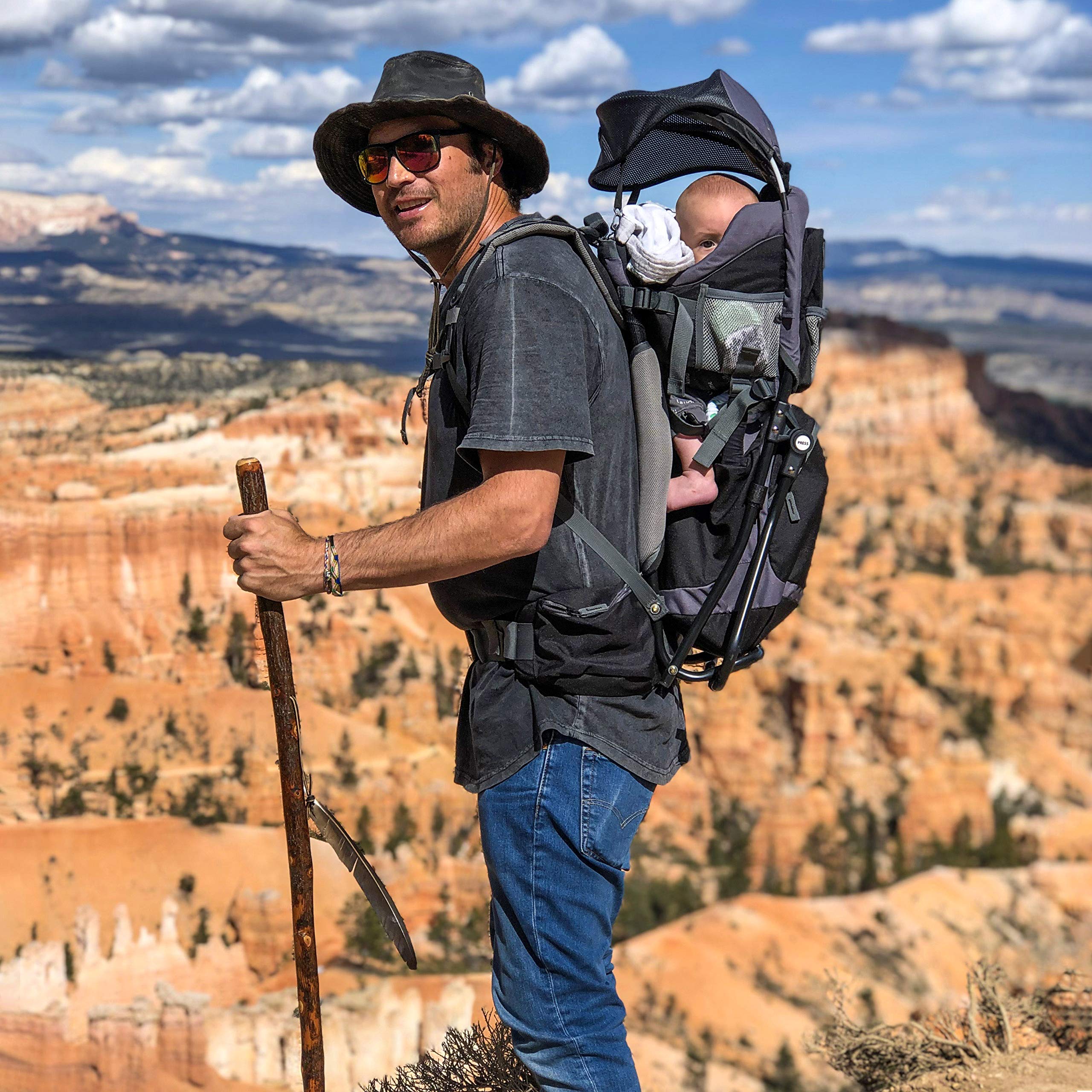 ClevrPlus Canyonero Baby Backpack Carrier for Hiking & Camping - Adjustable Toddler Child Carrier with Stand & Sun Shade Visor (Black) - Perfect for Outdoor Adventures, Family Trips & Hands-Free Parenting