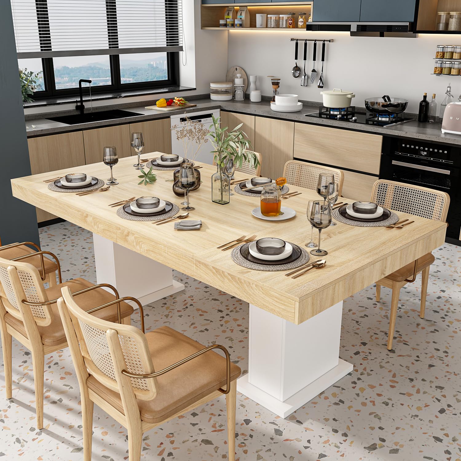 Homsee 78.7 Inch Large Modern Wood Dining Table for 8-10 People, Rectangular Kitchen Table with Sturdy Pedestal Legs in White & Light Brown - Perfect for Family Dinners, Entertaining Guests & Dining Room Decor