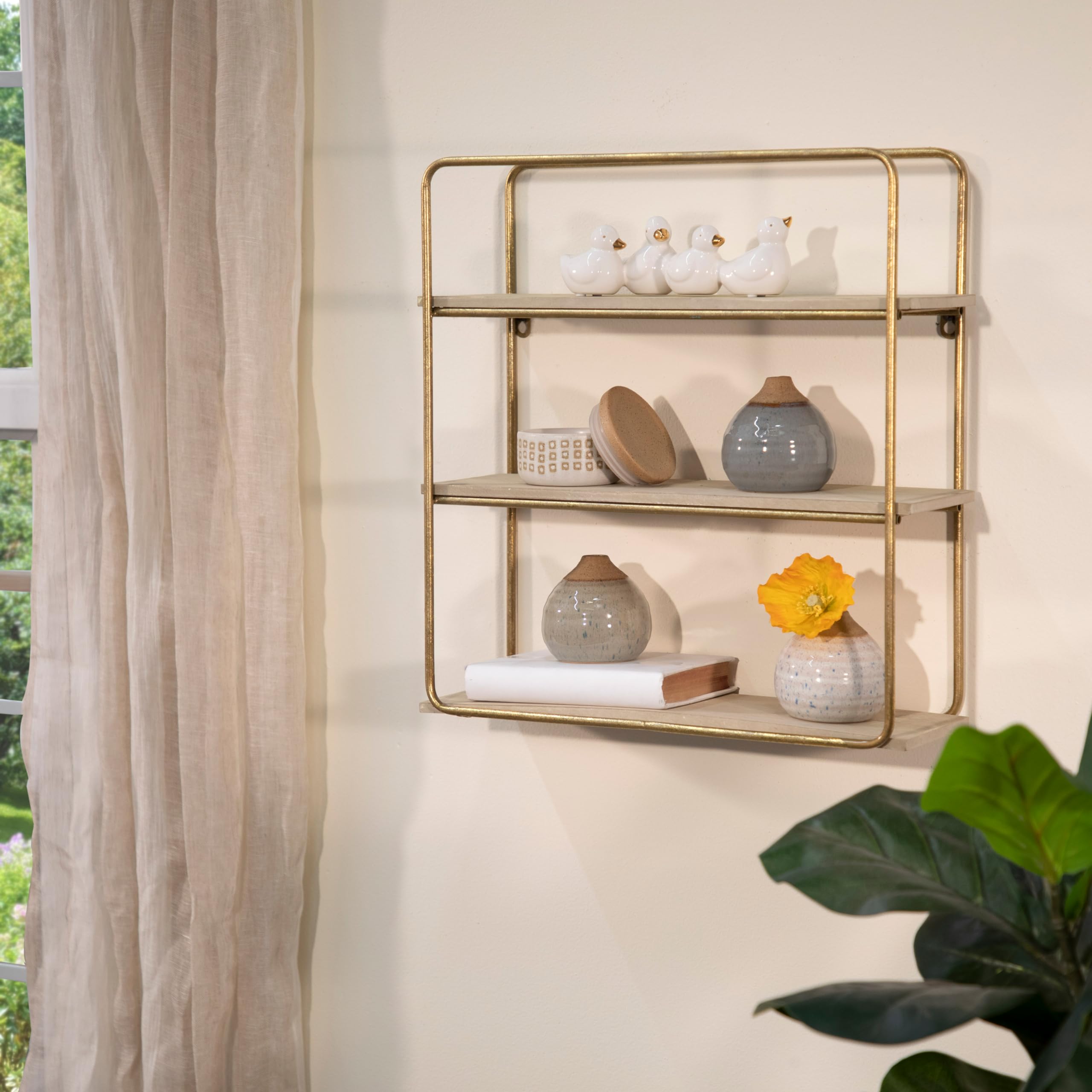 Sagebrook Home 3-Tier Wall Shelf - Gold Metal & Wood Floating Shelves for Living Room, Bathroom, Bedroom Decor - Modern Storage & Display Solution