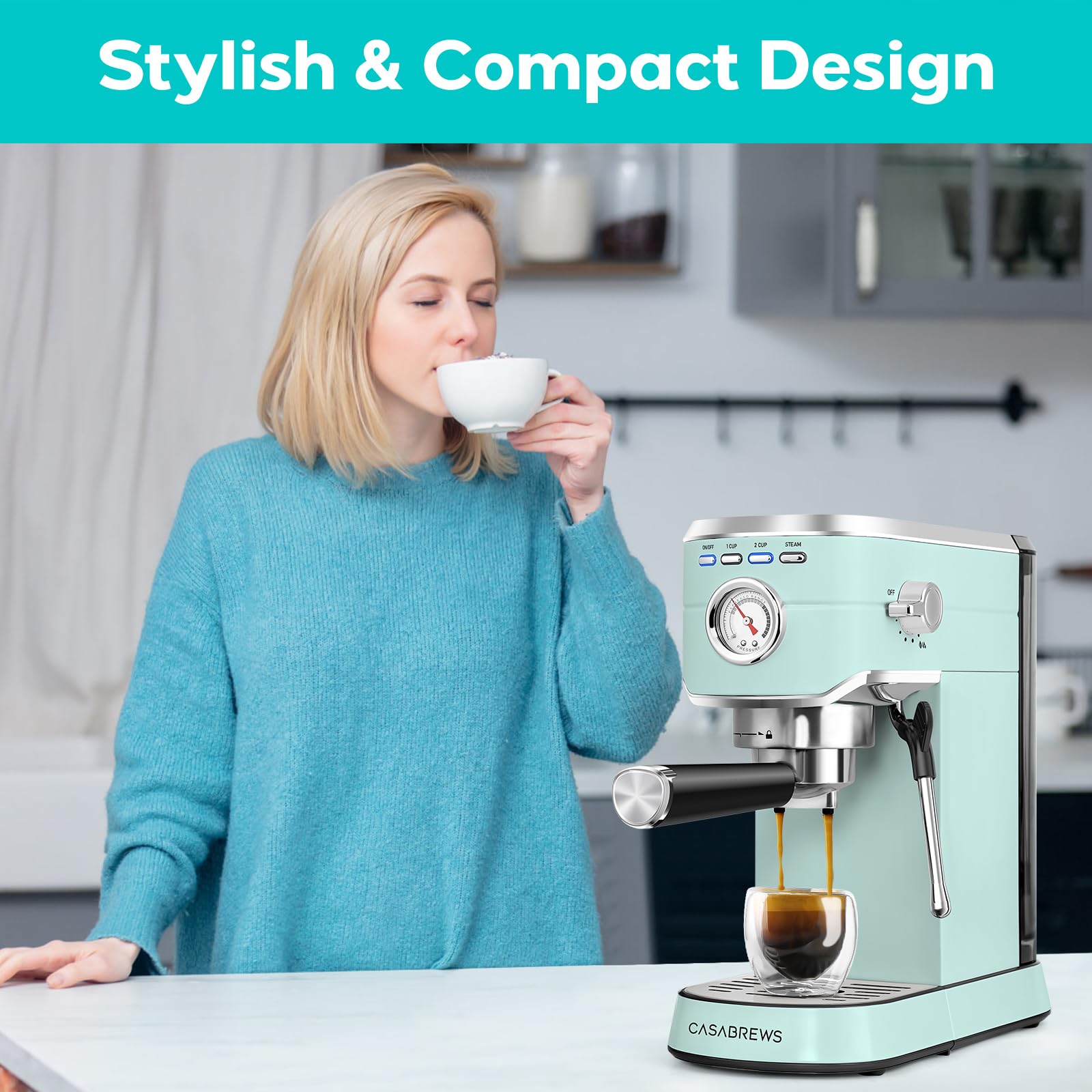 CASABREWS 20 Bar Espresso Machine with Milk Frother - Stainless Steel Home Coffee Maker, 34oz Removable Water Tank, Pastel Green - Perfect for Lattes, Cappuccinos & Home Baristas