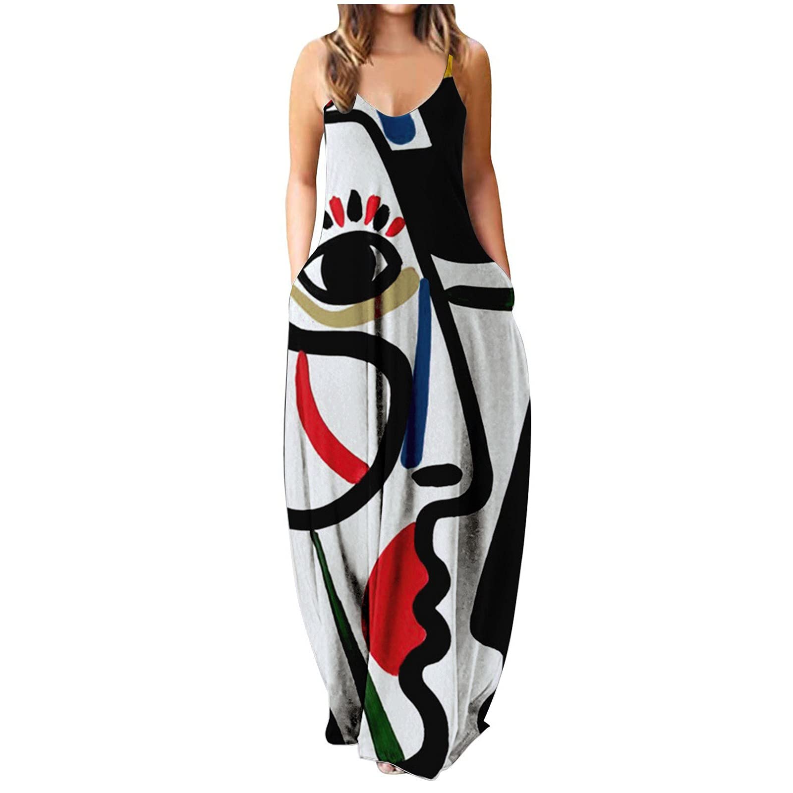iQKA Women's Maxi Dress - Colorful Long Sleeveless V-Neck Tunic Dress with Pockets | Summer Casual Beach Dress for Vacation, Party & Everyday Wear