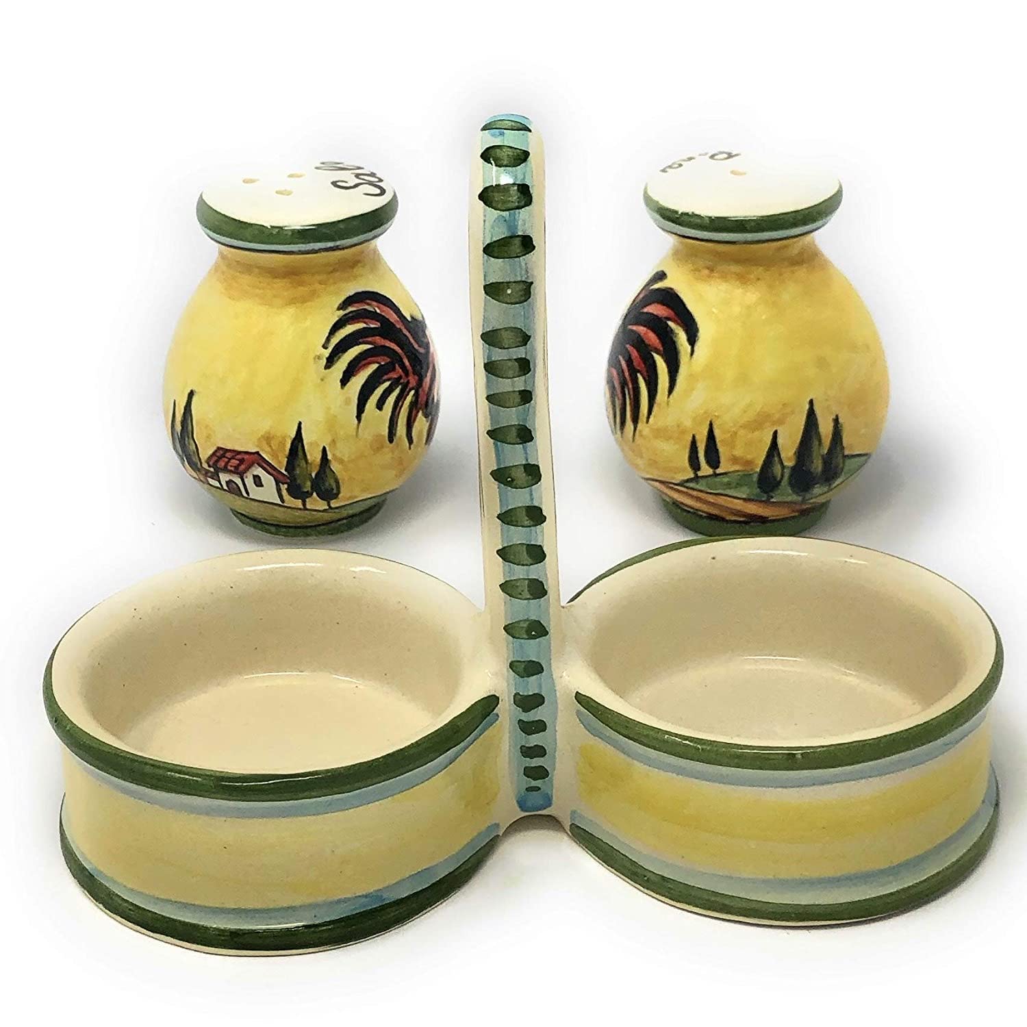Italian Ceramic Salt and Pepper Shakers Set - Hand Painted Rooster Design Tuscan Florence Art Pottery - Made in Italy - Perfect for Kitchen, Dining Table & Home Decor