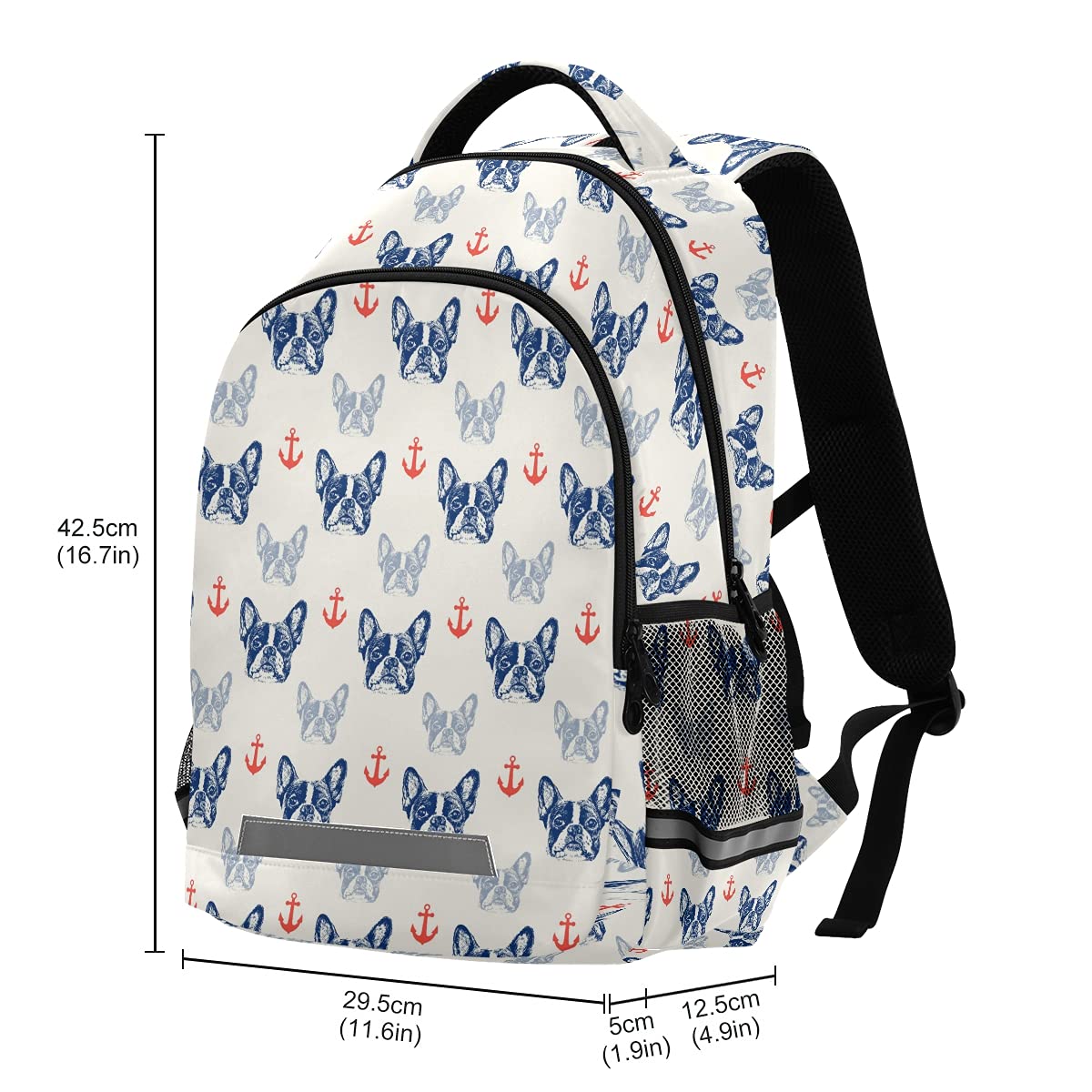 Stylish French Bulldog & Anchor Print Laptop Backpack with Chest Strap - Durable School, Travel & Hiking Backpack for Boys & Girls - Perfect for College, Commuting & Outdoor Adventures